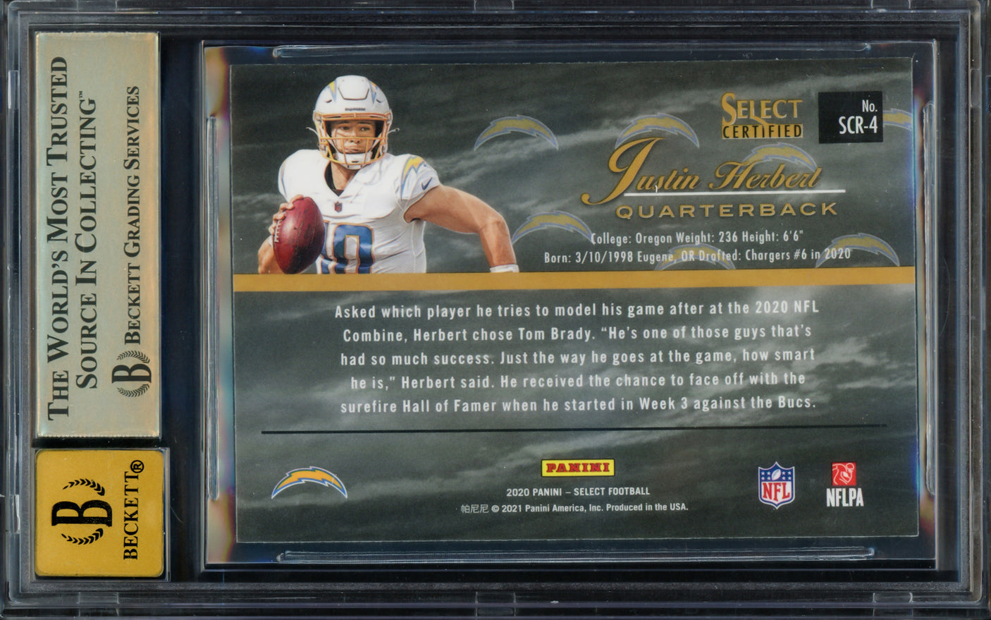 Justin Herbert Autographed 2020 Select Certified Rookie Card #4 Los Angeles Chargers BGS 9.5 Auto Grade Gem Mint 10 Beckett BAS Stock #211830