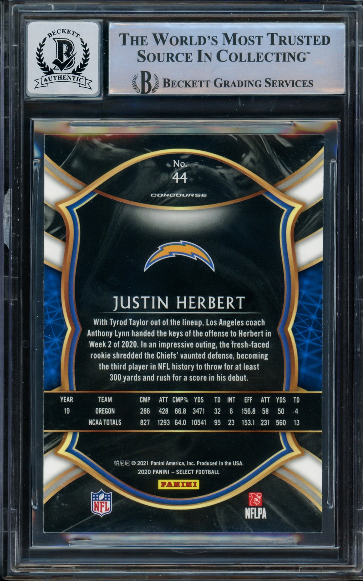 Justin Herbert Autographed 2020 Select Rookie Card #44 Los Angeles Chargers BGS 9 Auto Grade Gem Mint 10 Beckett BAS Stock #211832