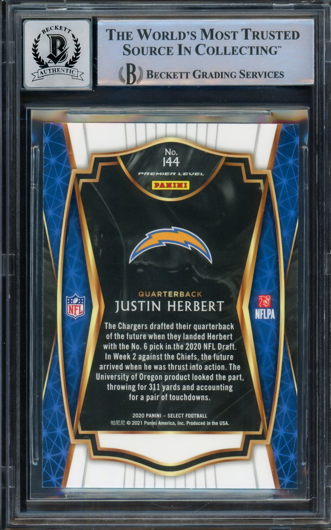 Justin Herbert Autographed 2020 Select Rookie Card #144 Los Angeles Chargers BGS 9 Auto Grade Gem Mint 10 Beckett BAS Stock #211834