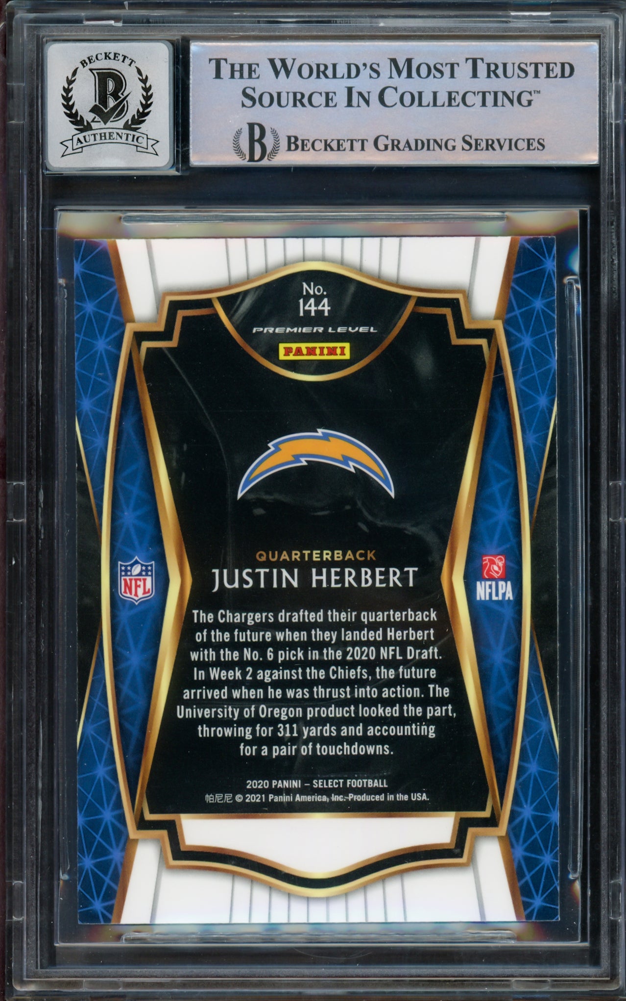 Justin Herbert Autographed 2020 Select Rookie Card #144 Los Angeles Chargers Auto Grade Gem Mint 10 Beckett BAS Stock #211835