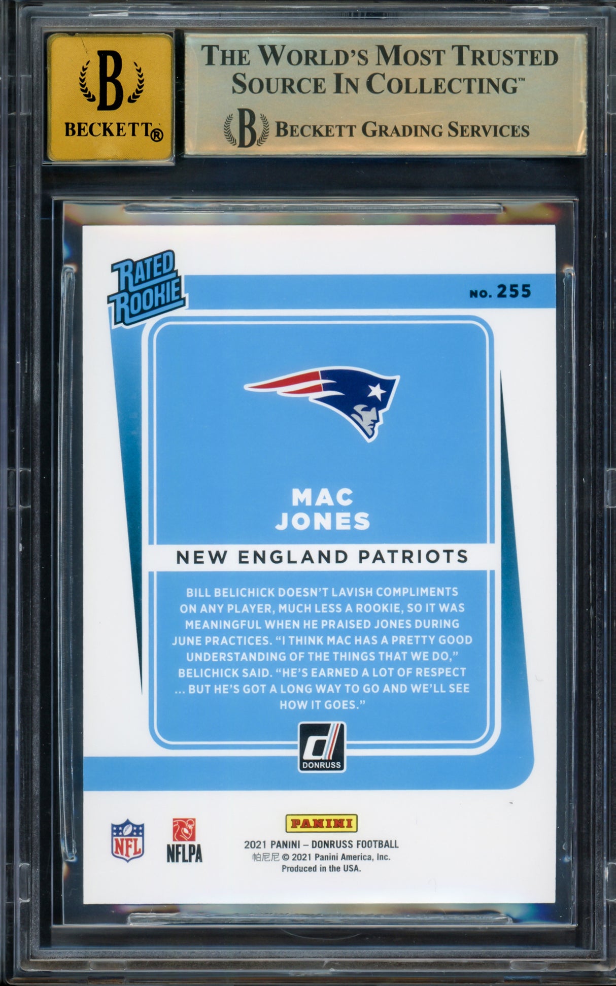 Mac Jones Autographed 2021 Donruss Rated Rookie Card #255 New England Patriots BGS 9.5 Auto Grade Gem Mint 10 Beckett BAS Stock #211836