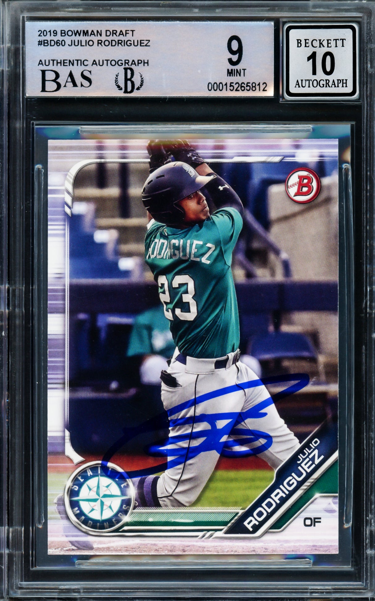 Julio Rodriguez Autographed 2019 Bowman Draft Rookie Card #BD60 Seattle Mariners BGS 9 Auto Grade Gem Mint 10 Beckett BAS Stock #211845
