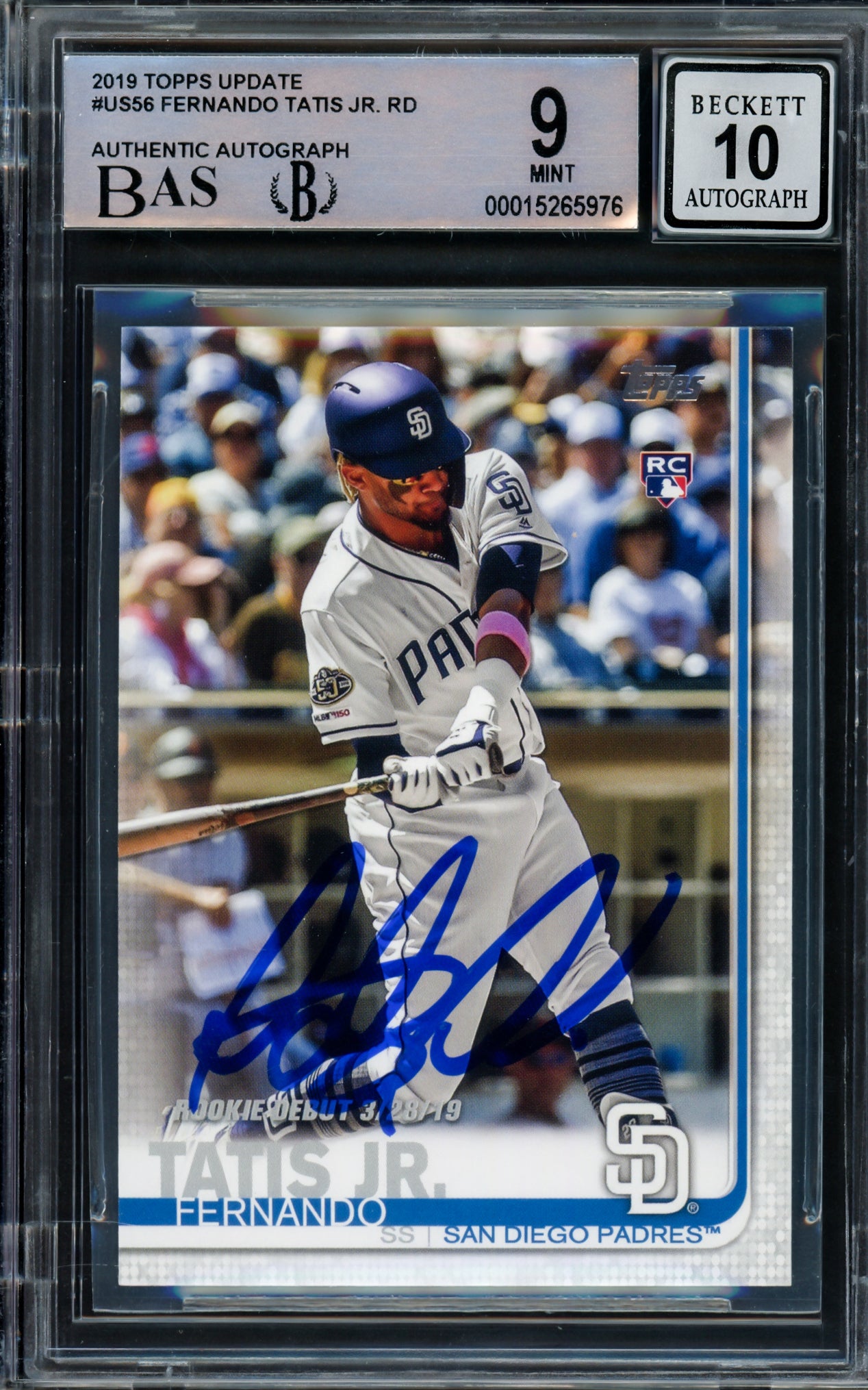 Fernando Tatis Jr Autographed 2019 Topps Update Rookie Card #US56 San Diego Padres BGS 9 Auto Grade Gem Mint 10 Beckett BAS Stock #211853