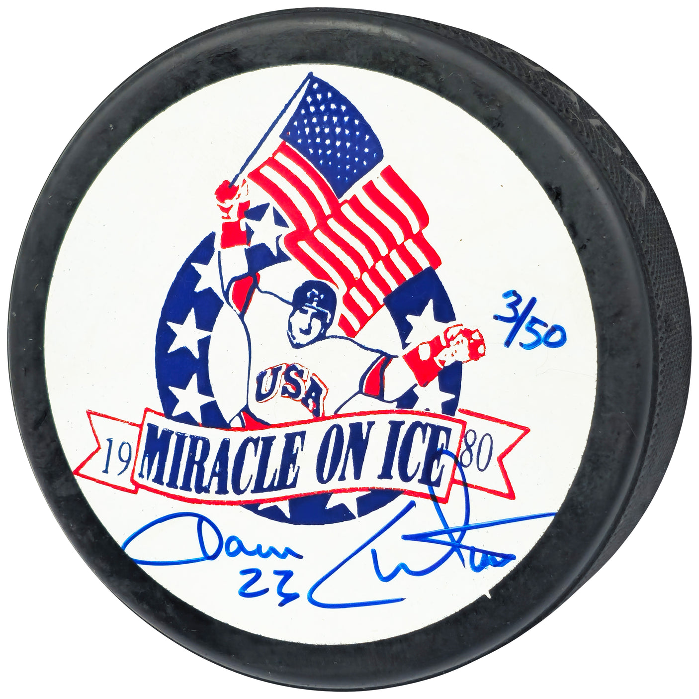 Dave Christian Autographed 1980 Miracle on Ice Logo Hockey Puck Team USA #3/50 Beckett BAS QR #BN93403