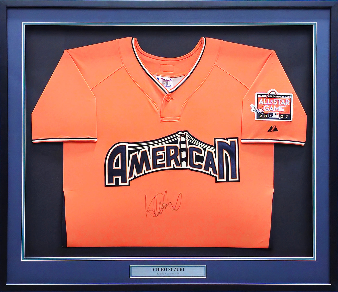 Seattle Mariners Ichiro Suzuki Autographed Framed Orange Majestic 2007 All Star Game Jersey IS Holo SKU #224278
