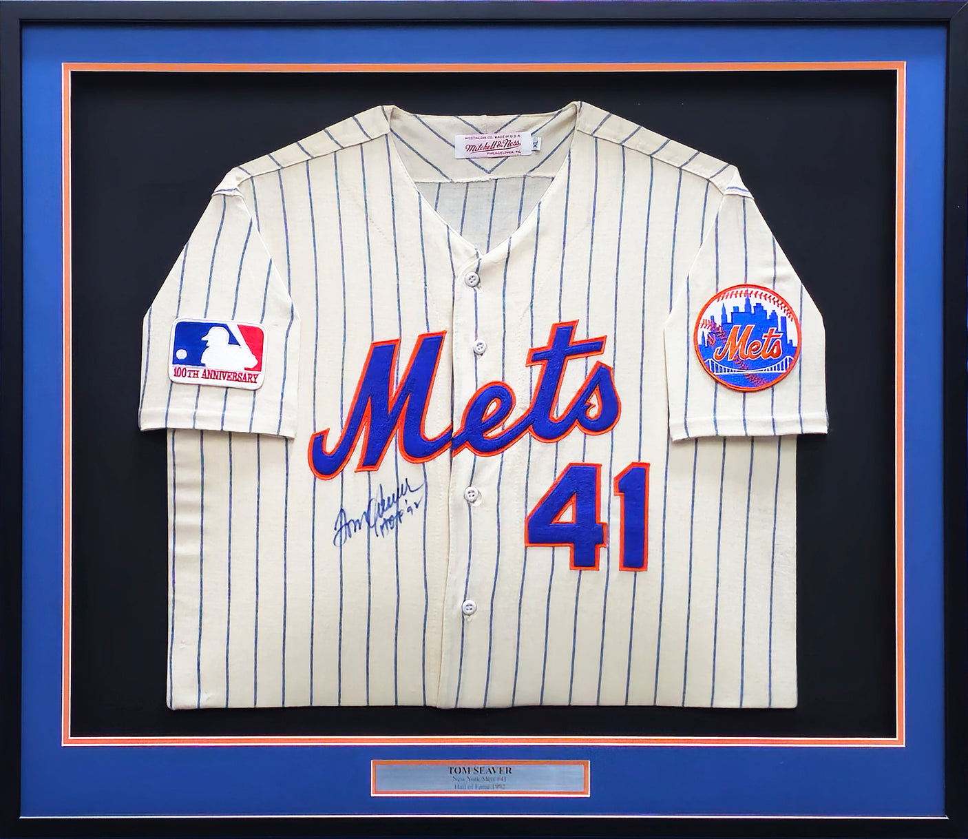 Tom Seaver Autographed Framed Cream Pinstripes 1969 Authentic Mitchell & Ness Jersey New York Mets "HOF 92" 100th Anniversary Patch Size XL Beckett BAS #BK33624