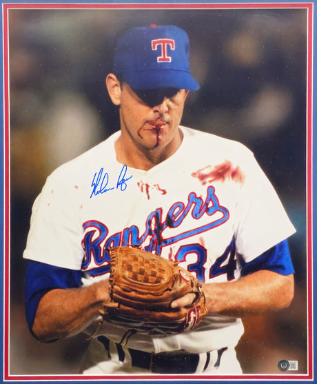 Nolan Ryan Autographed Framed 16x20 Photo Texas Rangers Bloody Beckett BAS QR #BH041289