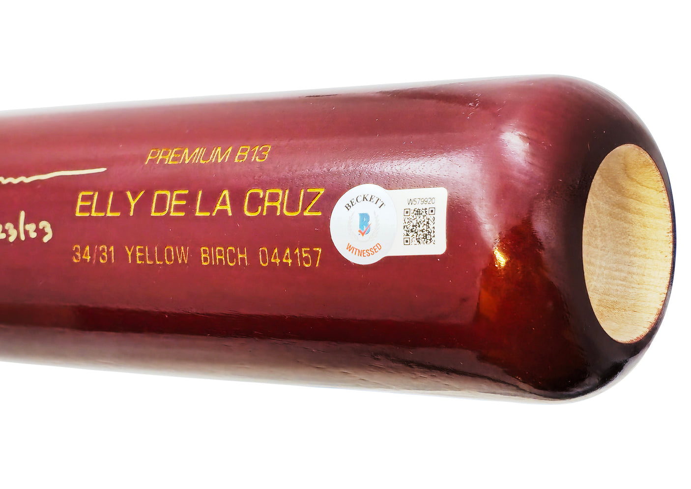 Elly De La Cruz Autographed Red B45 Player Model Baseball Bat Cincinnati Reds "Cycle 6/23/23" Beckett BAS Witness Stock #222802