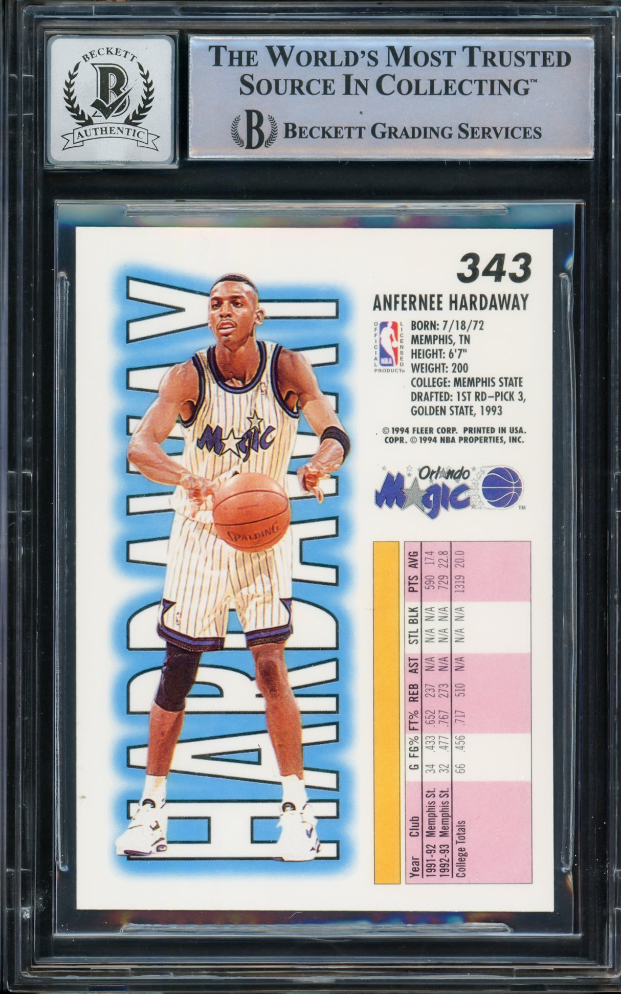 Anfernee Hardaway Autographed 1993-94 Fleer Rookie Card #343 Orlando Magic Auto Grade Gem Mint 10 Beckett BAS Stock #211046