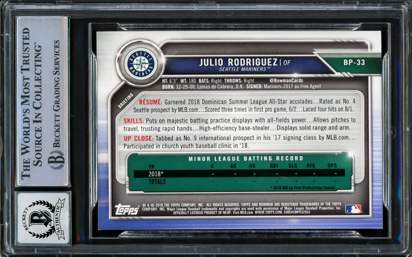 Julio Rodriguez Autographed 2019 Bowman Camo Green Rookie Card #BP33 Seattle Mariners Auto Grade Gem Mint 10 Beckett BAS Stock #222881