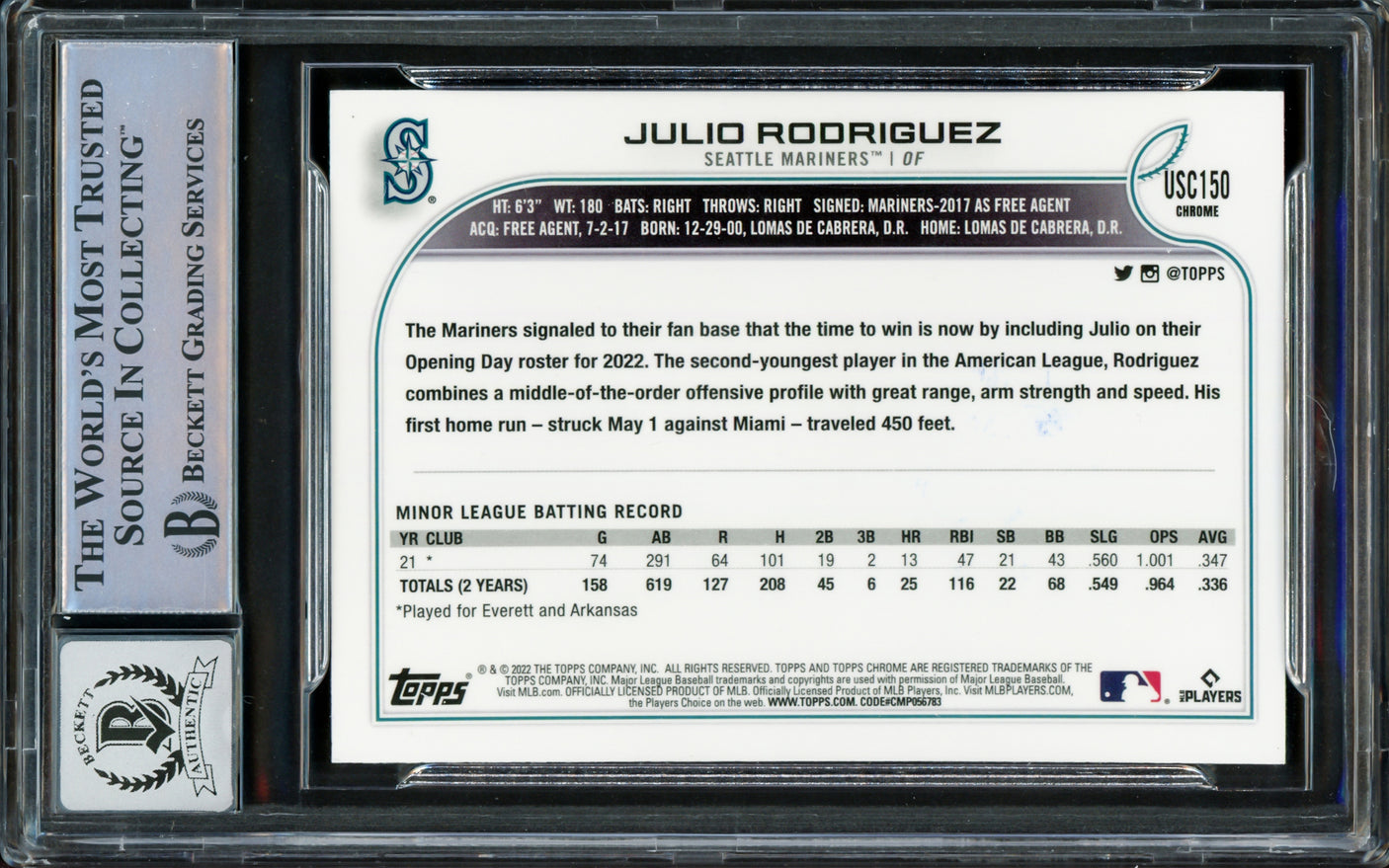 Julio Rodriguez Autographed 2022 Topps Chrome Update Rookie Card #USC150 Seattle Mariners Auto Grade Gem Mint 10 Beckett BAS Stock #222882