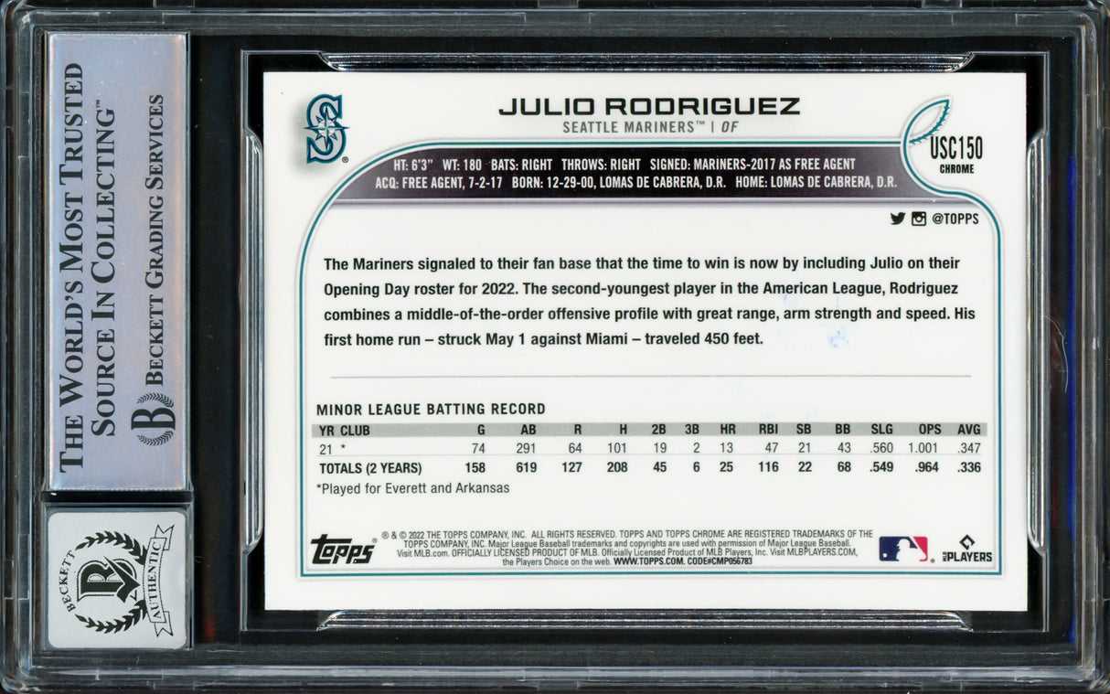 Julio Rodriguez Autographed 2022 Topps Chrome Update Rookie Card #USC150 Seattle Mariners Auto Grade Gem Mint 10 Beckett BAS Stock #222882