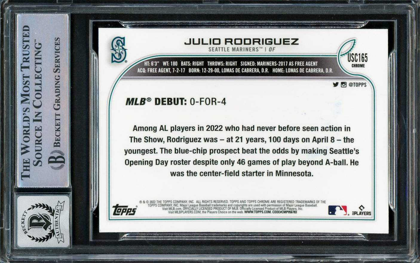 Julio Rodriguez Autographed 2022 Topps Chrome Update Purple Refractor Rookie Card #USC165 Seattle Mariners Auto Grade Gem Mint 10 Beckett BAS Stock #222884