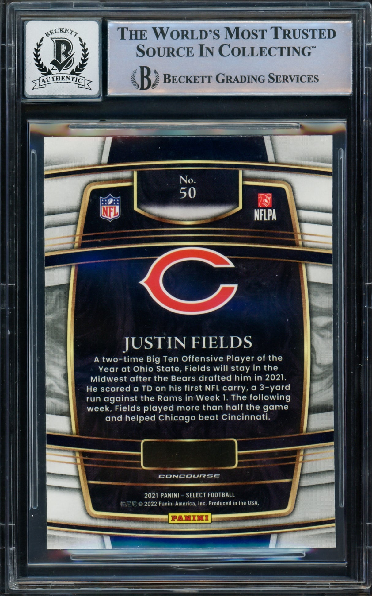 Justin Fields Autographed 2021 Select Rookie Card #50 Chicago Bears Auto Grade Gem Mint 10 Beckett BAS #16168338