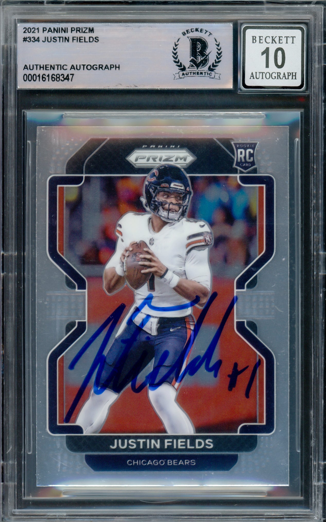 Justin Fields Autographed 2021 Panini Prizm Rookie Card #334 Chicago Bears Auto Grade Gem Mint 10 Beckett BAS #16168347
