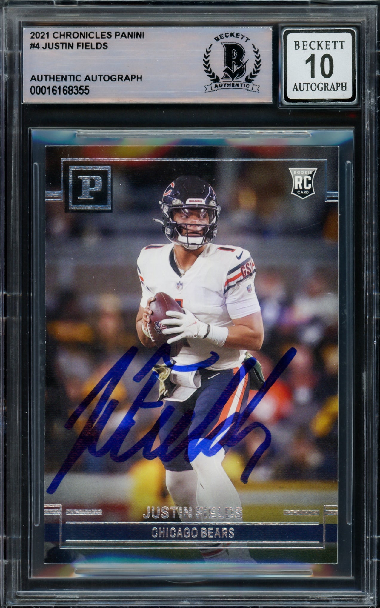 Justin Fields Autographed 2021 Panini Chronicles Rookie Card #PA-4 Chicago Bears Auto Grade Gem Mint 10 Beckett BAS #16168355