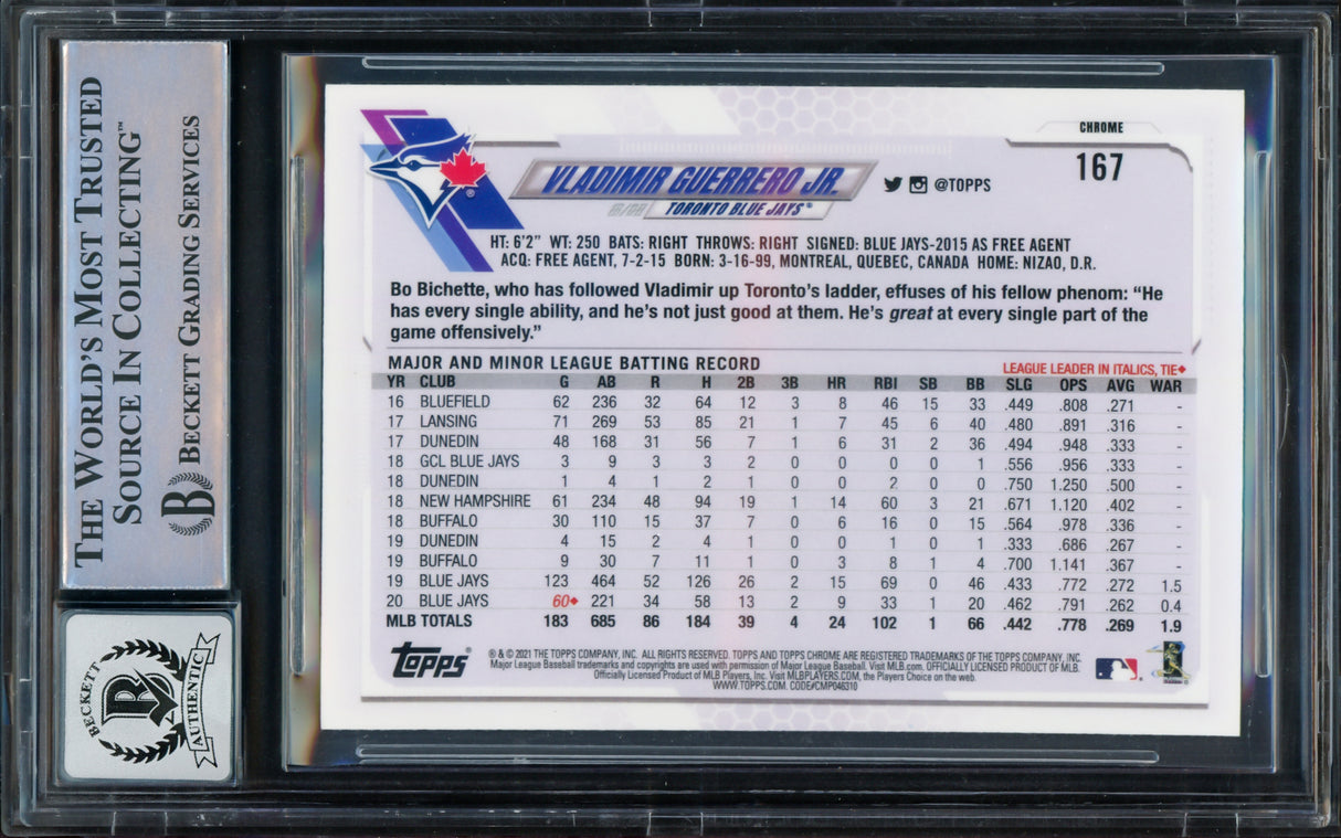 Vladimir Guerrero Jr. Autographed 2021 Topps Chrome Card #167 Toronto Blue Jays Auto Grade Gem Mint 10 Beckett BAS #16168923