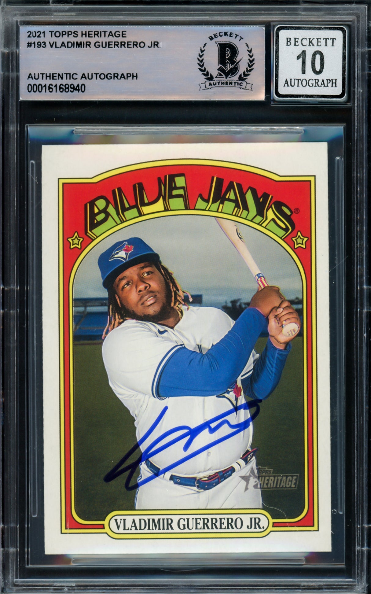 Vladimir Guerrero Jr. Autographed 2021 Topps Heritage Card #193 Toronto Blue Jays Auto Grade Gem Mint 10 Beckett BAS #16168940