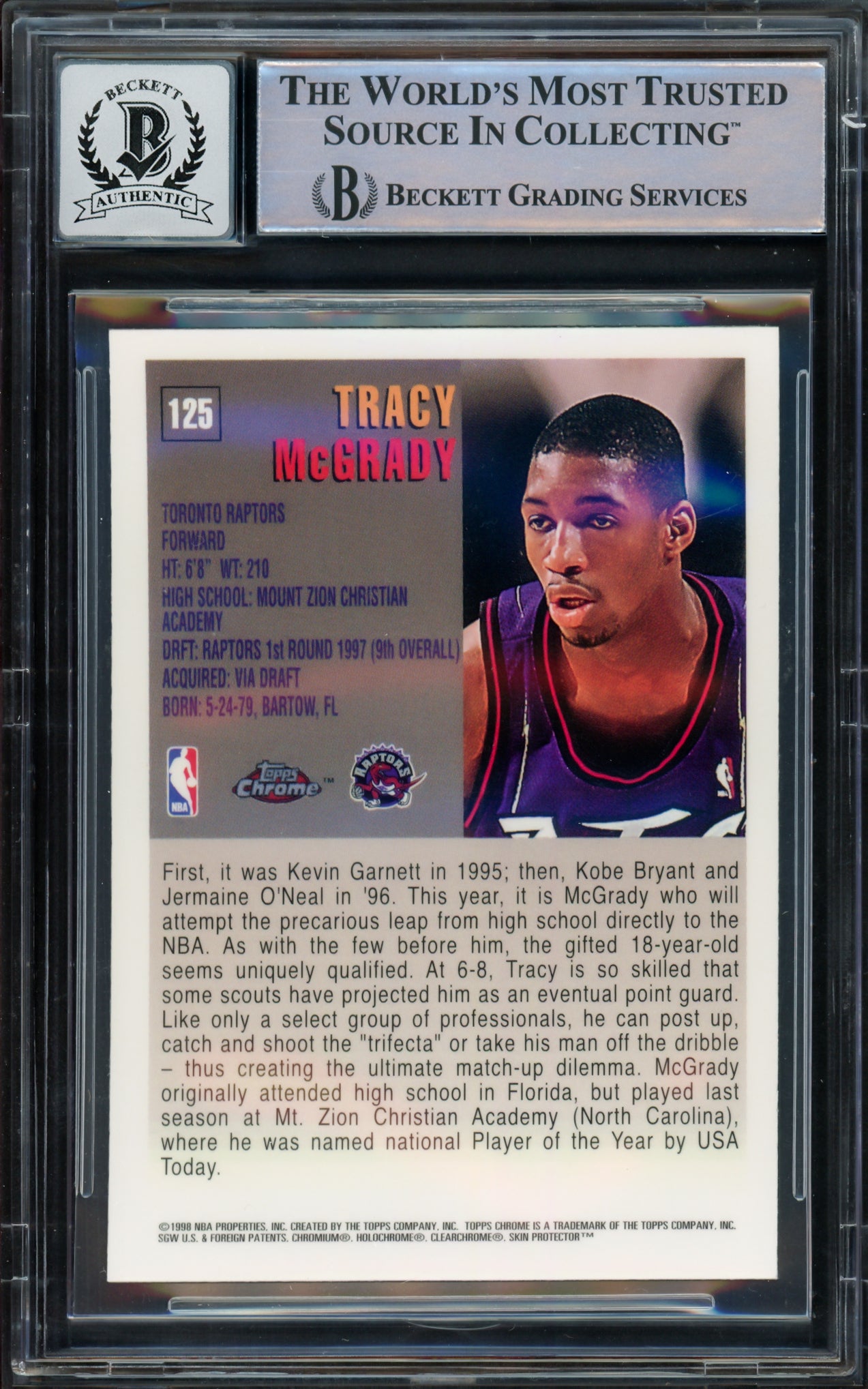 Tracy McGrady Autographed 1997-98 Topps Chrome Rookie Card #125 Toronto Raptors Auto Grade Gem Mint 10 Beckett BAS #16169658