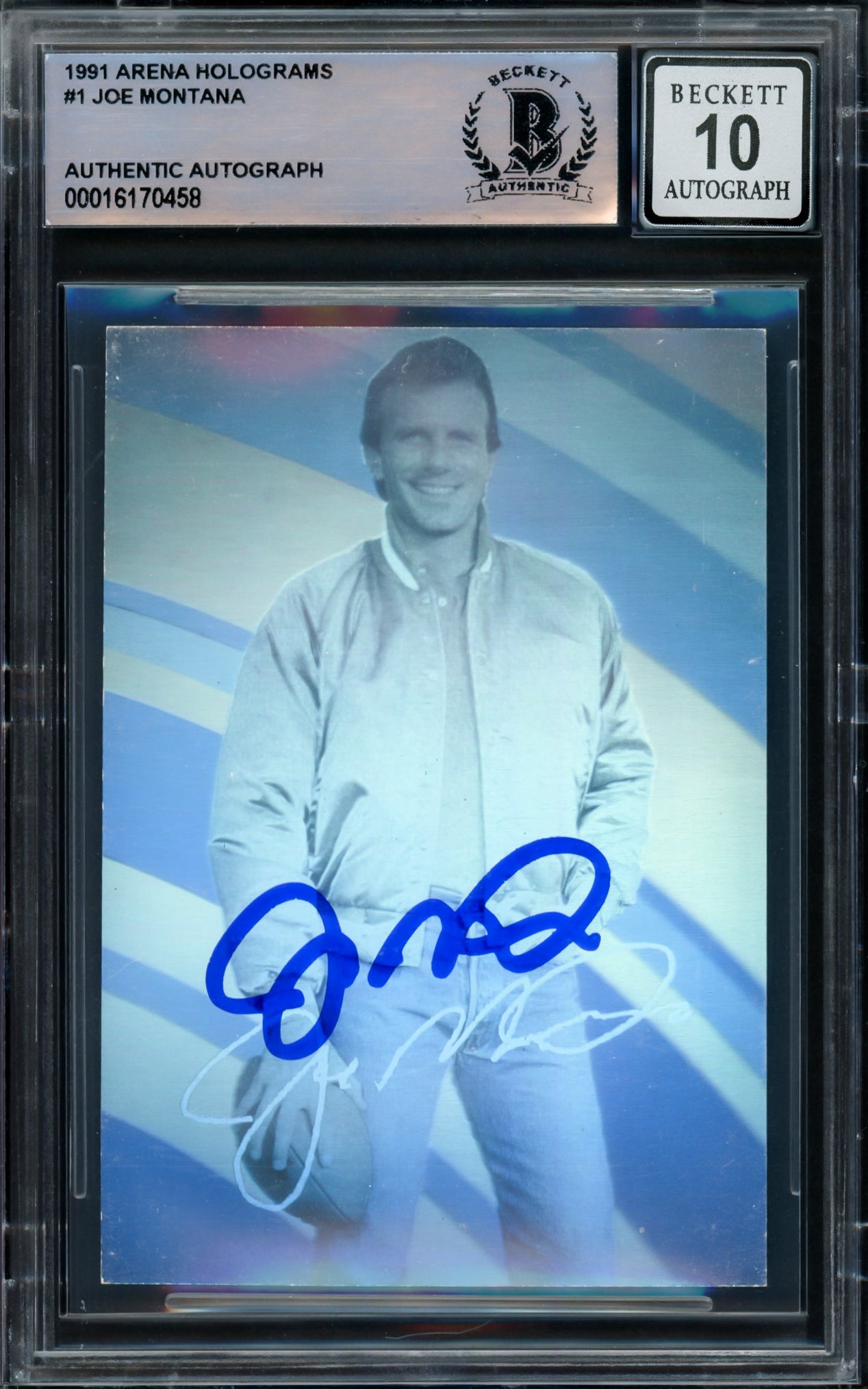 Joe Montana Autographed 1991 Arena Hologram Card #1 San Francisco 49ers Auto Grade Gem Mint 10 Beckett BAS #16170458