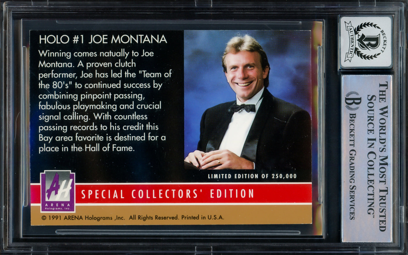 Joe Montana Autographed 1991 Arena Hologram Card #1 San Francisco 49ers Auto Grade Gem Mint 10 Beckett BAS #16170458