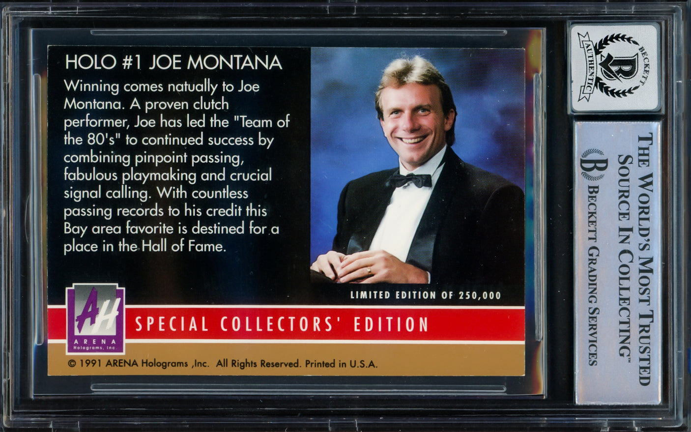 Joe Montana Autographed 1991 Arena Hologram Card #1 San Francisco 49ers Auto Grade Gem Mint 10 Beckett BAS #16170459