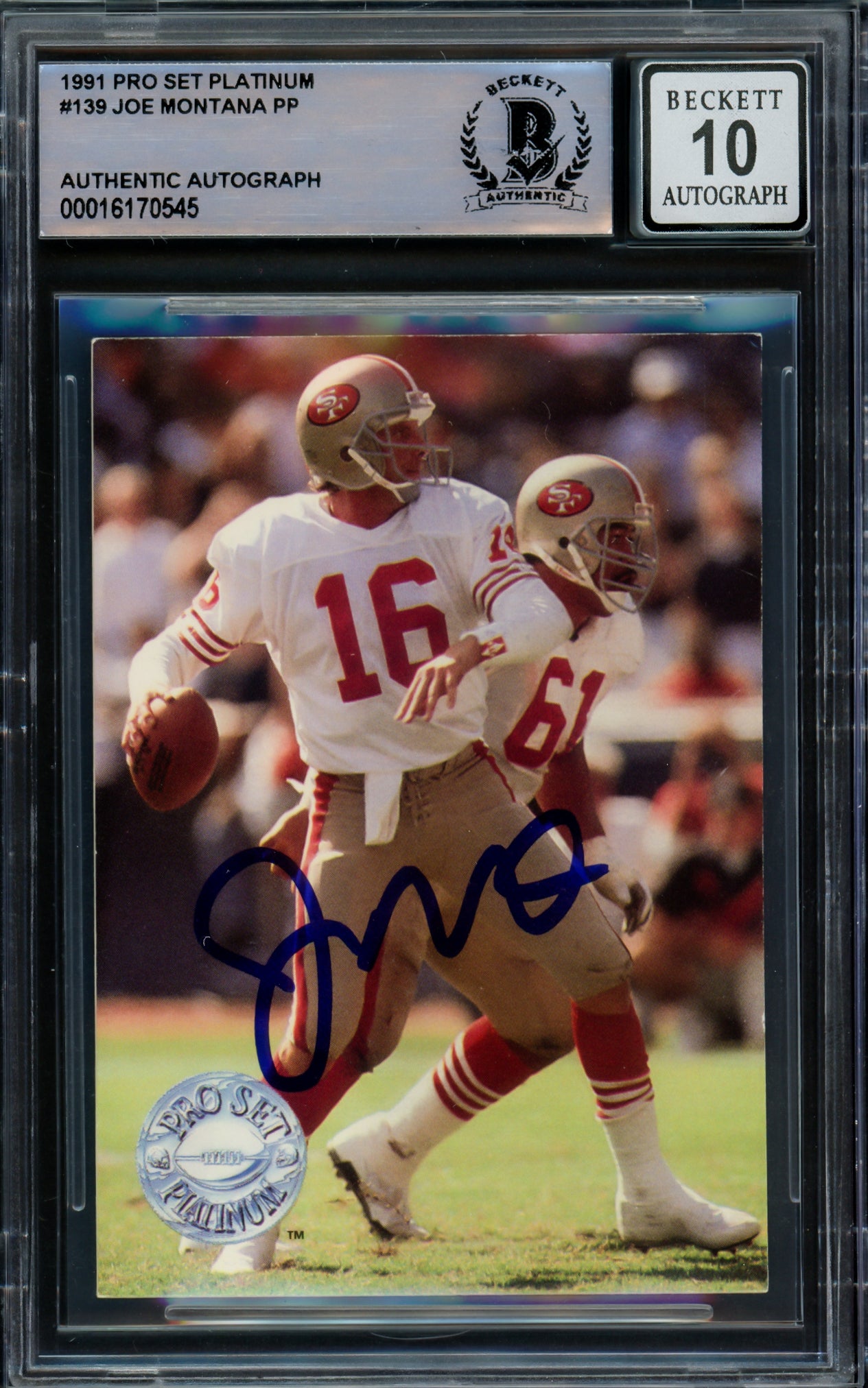 Joe Montana Autographed 1991 Pro Set Platinum Card #139 San Francisco 49ers Auto Grade Gem Mint 10 Beckett BAS #16170545