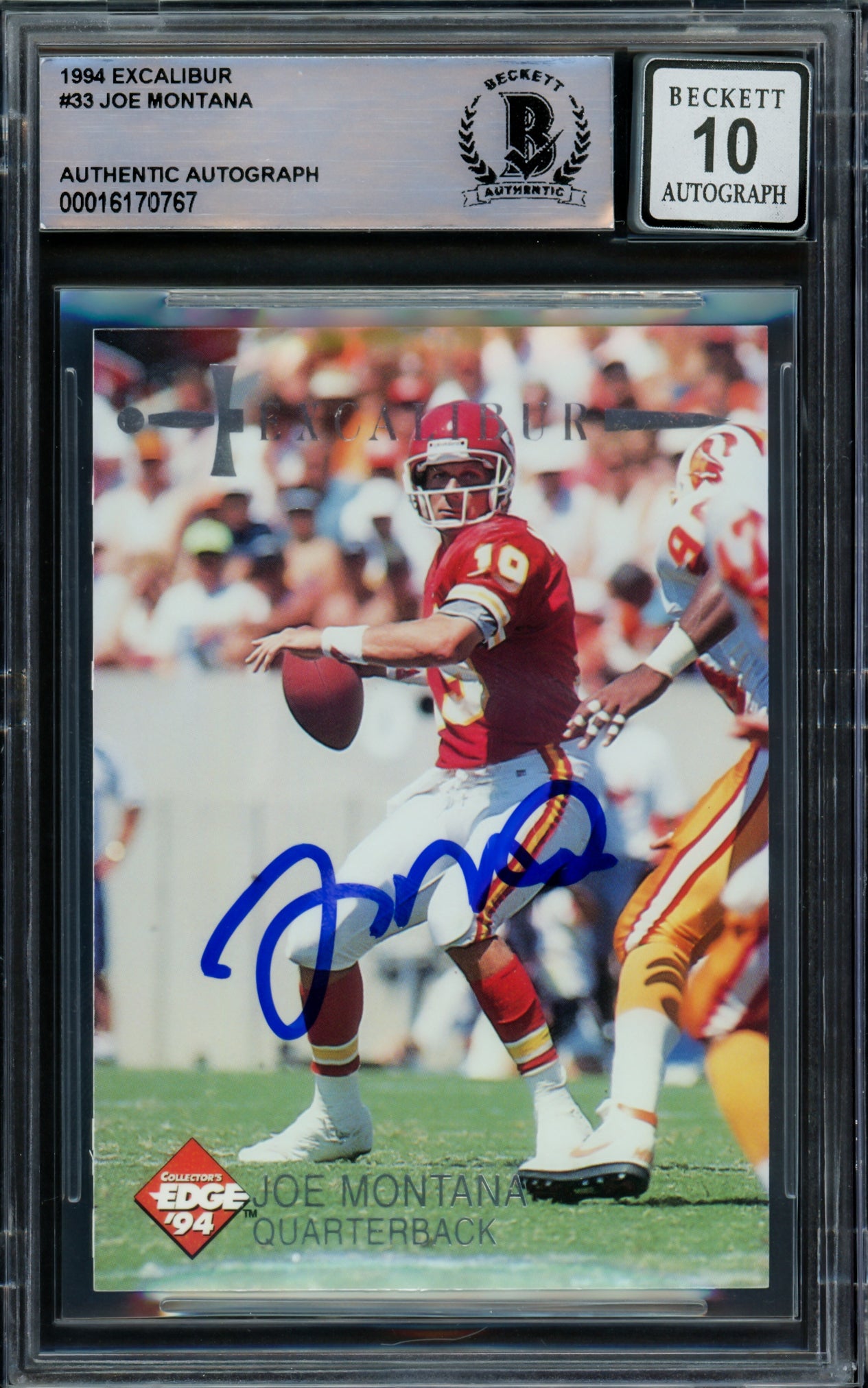 Joe Montana Autographed 1994 Collectors Edge Card #33 Kansas City Chiefs Auto Grade Gem Mint 10 Beckett BAS #16170767