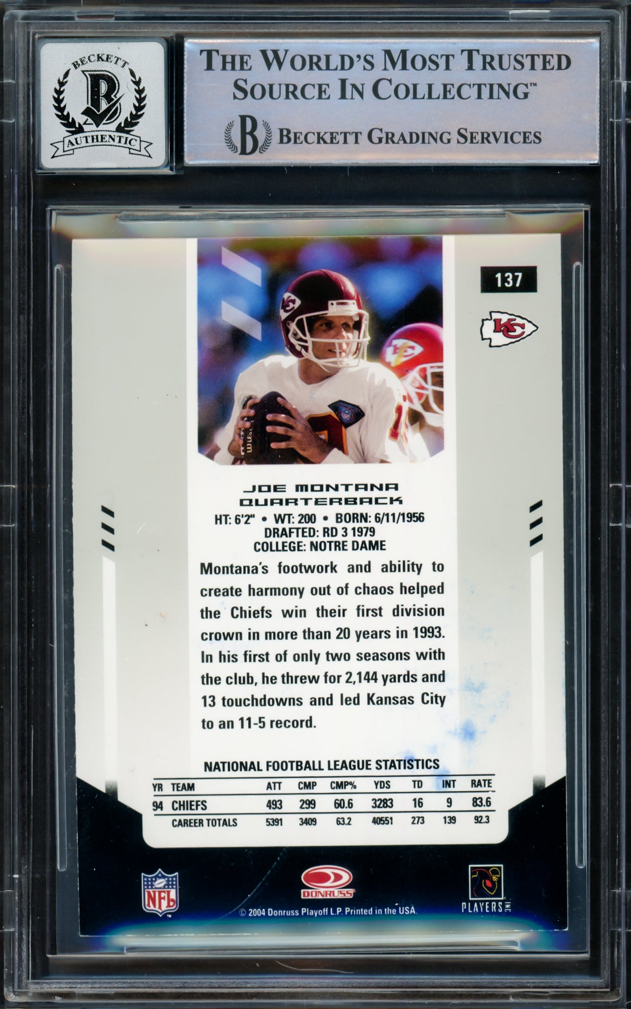 Joe Montana Autographed 2004 Leaf Certified Card #137 San Francisco 49ers Auto Grade Gem Mint 10 Beckett BAS #16171060