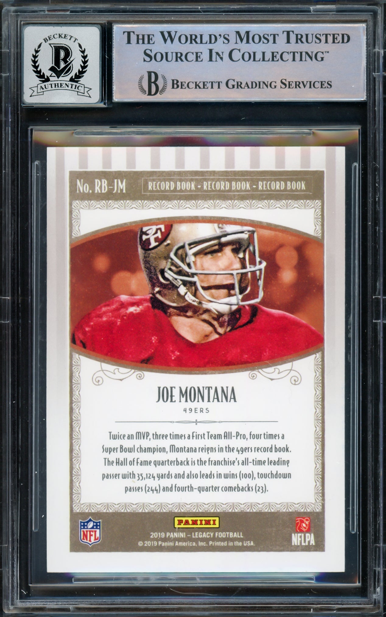 Joe Montana Autographed 2019 Panini Legacy Card #RB-JM San Francisco 49ers Auto Grade Gem Mint 10 Beckett BAS #16171182