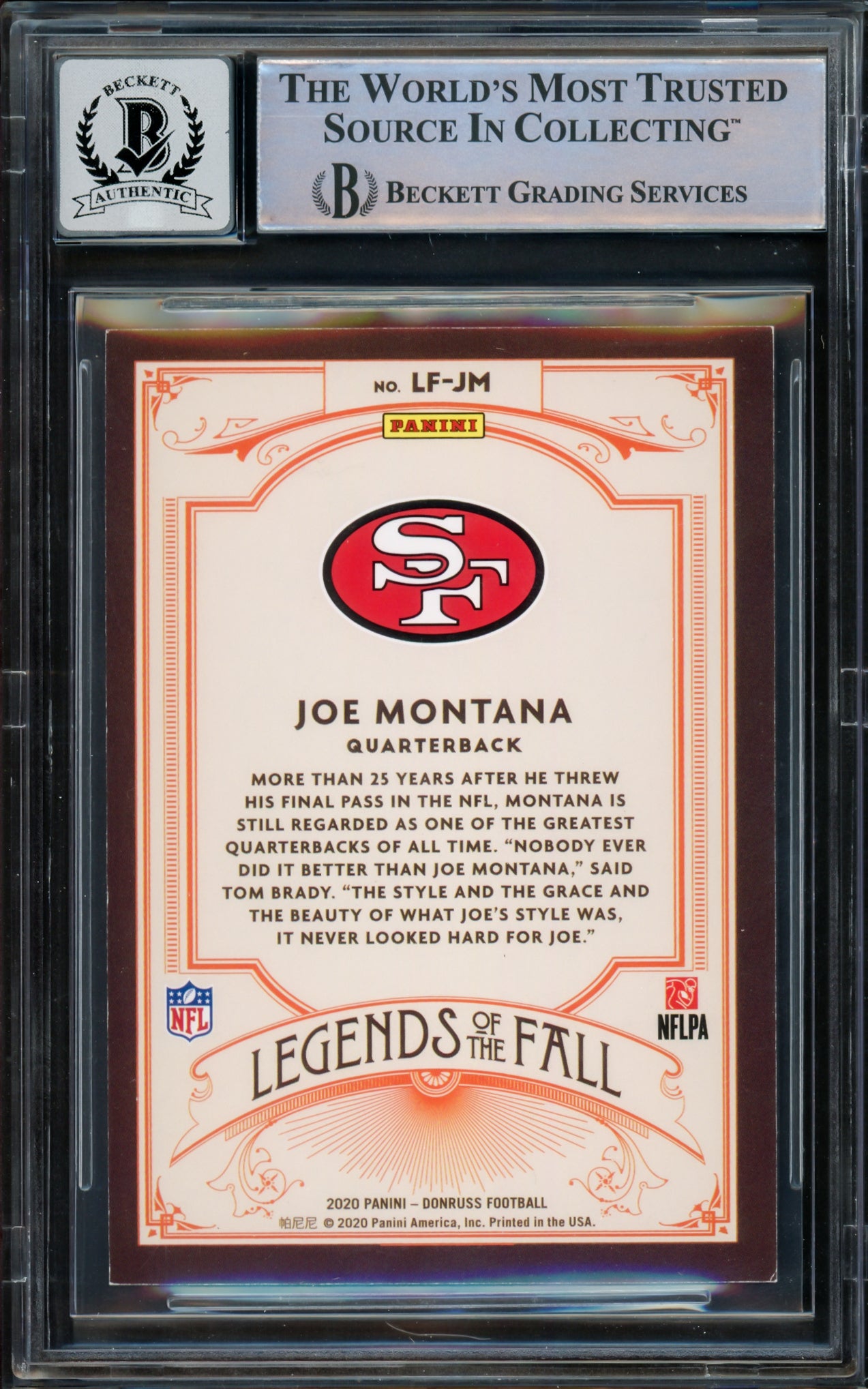 Joe Montana Autographed 2020 Donruss Card #LF-JM San Francisco 49ers Auto Grade Gem Mint 10 Beckett BAS #16171187
