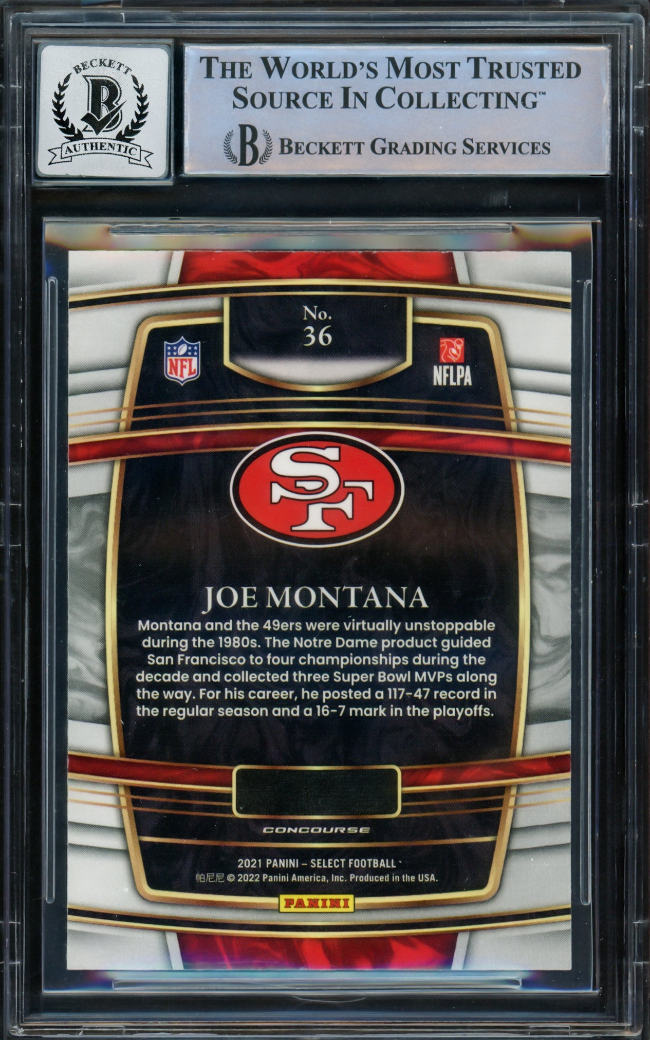 Joe Montana Autographed 2021 Select Card #36 San Francisco 49ers Auto Grade Gem Mint 10 Beckett BAS #16171198