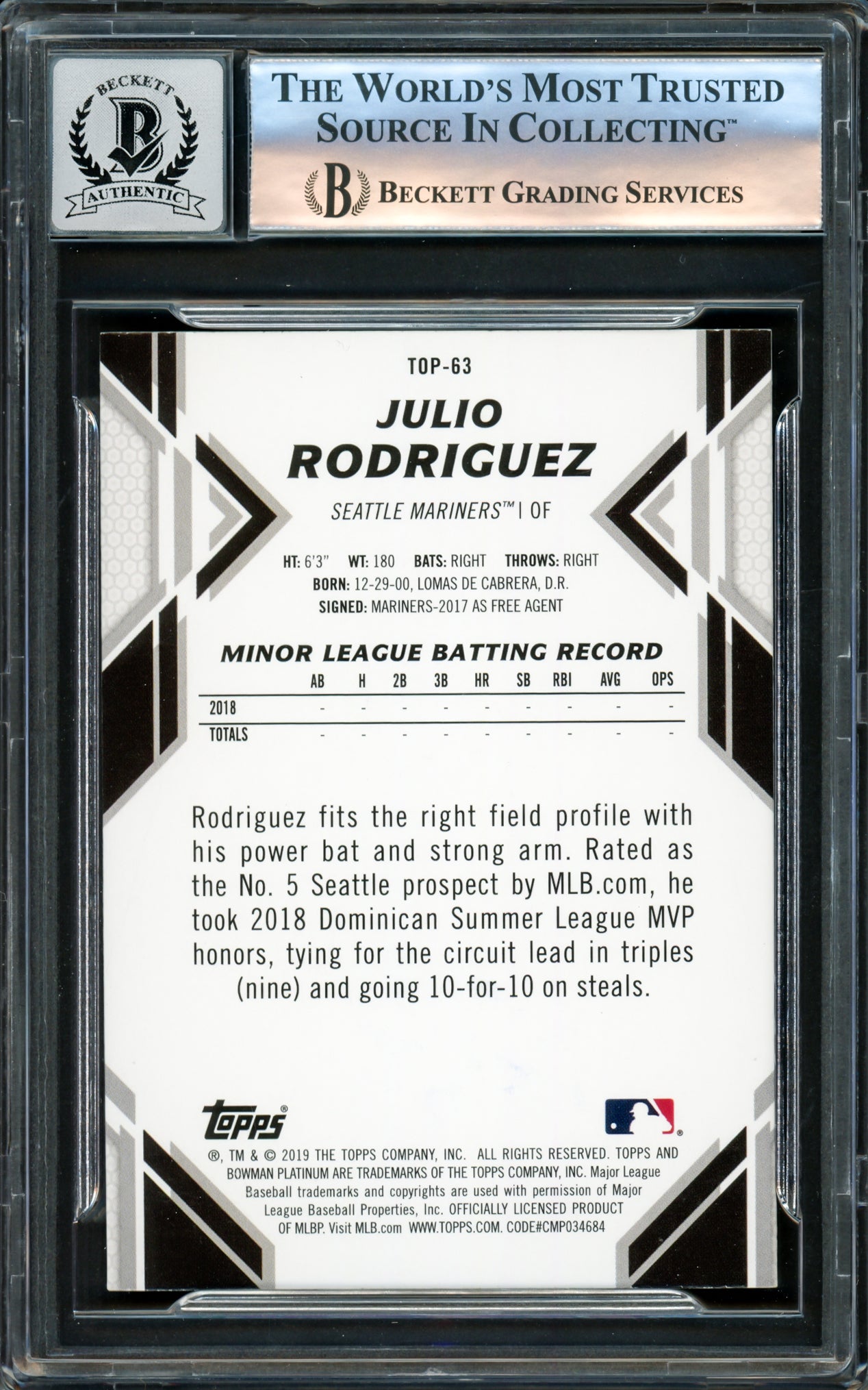Julio Rodriguez Autographed 2019 Bowman Platinum Rookie Card #TOP63 Seattle Mariners Auto Grade Gem Mint 10 Beckett BAS #16171522