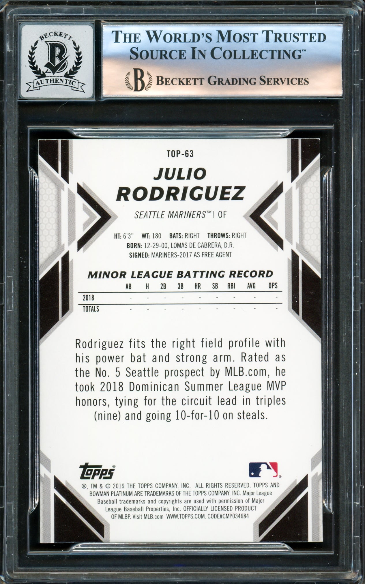 Julio Rodriguez Autographed 2019 Bowman Platinum Rookie Card #TOP63 Seattle Mariners Auto Grade Gem Mint 10 Beckett BAS #16171521