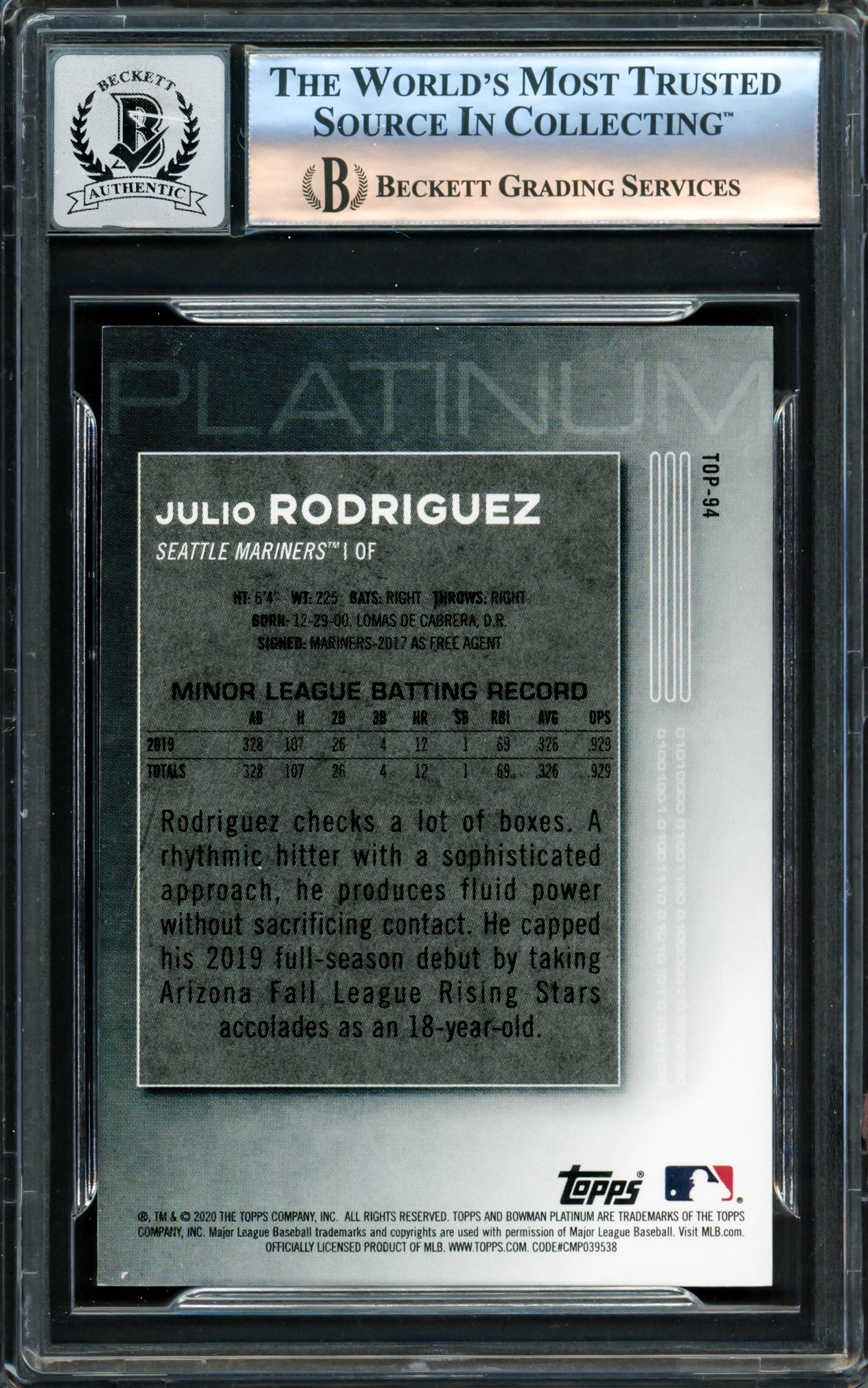 Julio Rodriguez Autographed 2020 Bowman Platinum Rookie Card #TOP94 Seattle Mariners Auto Grade Gem Mint 10 Beckett BAS #16171644