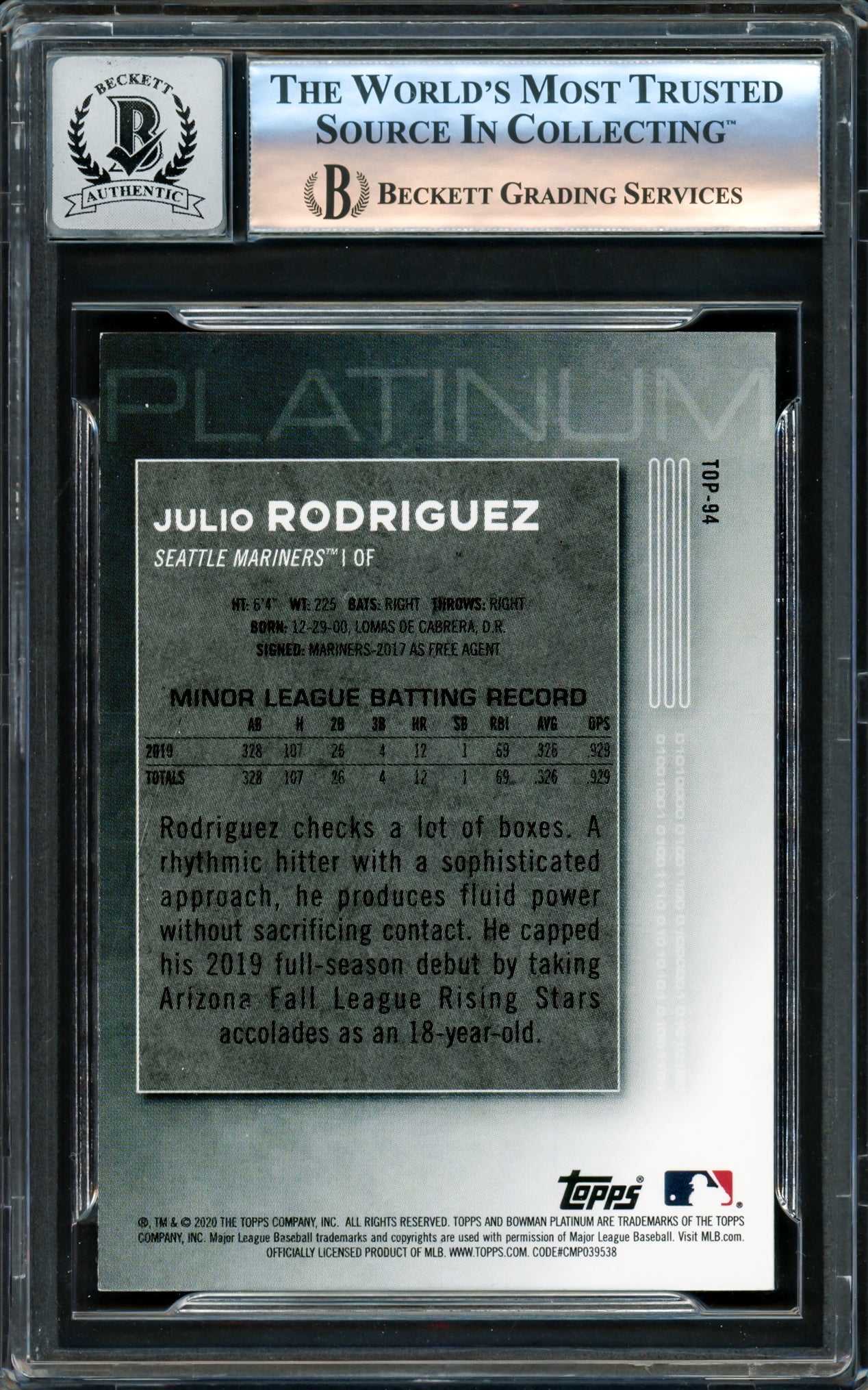 Julio Rodriguez Autographed 2020 Bowman Platinum Rookie Card #TOP94 Seattle Mariners Auto Grade Gem Mint 10 Beckett BAS #16171646