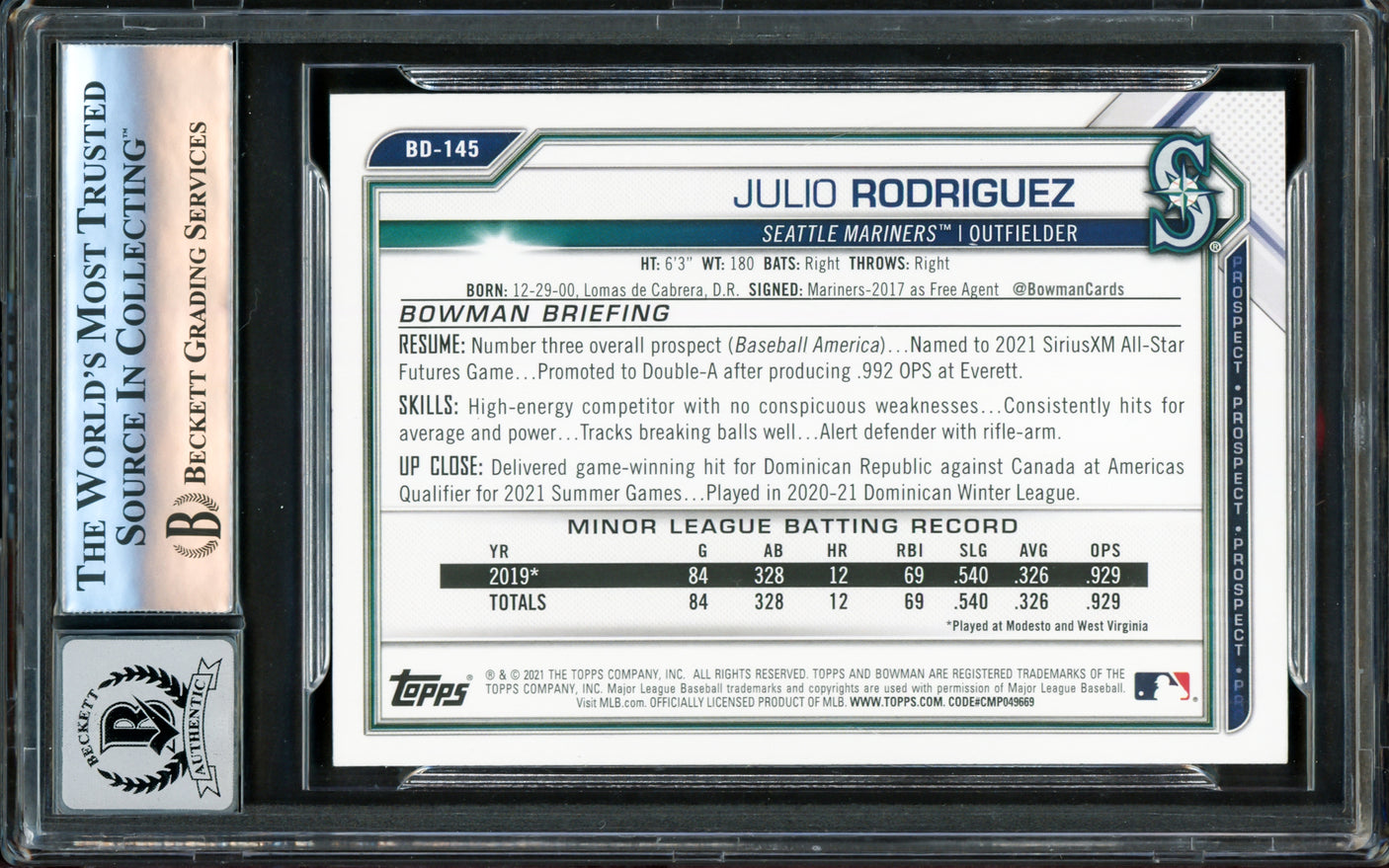 Julio Rodriguez Autographed 2021 Bowman Draft Rookie Card #BD145 Seattle Mariners Auto Grade Gem Mint 10 Beckett BAS #16171648