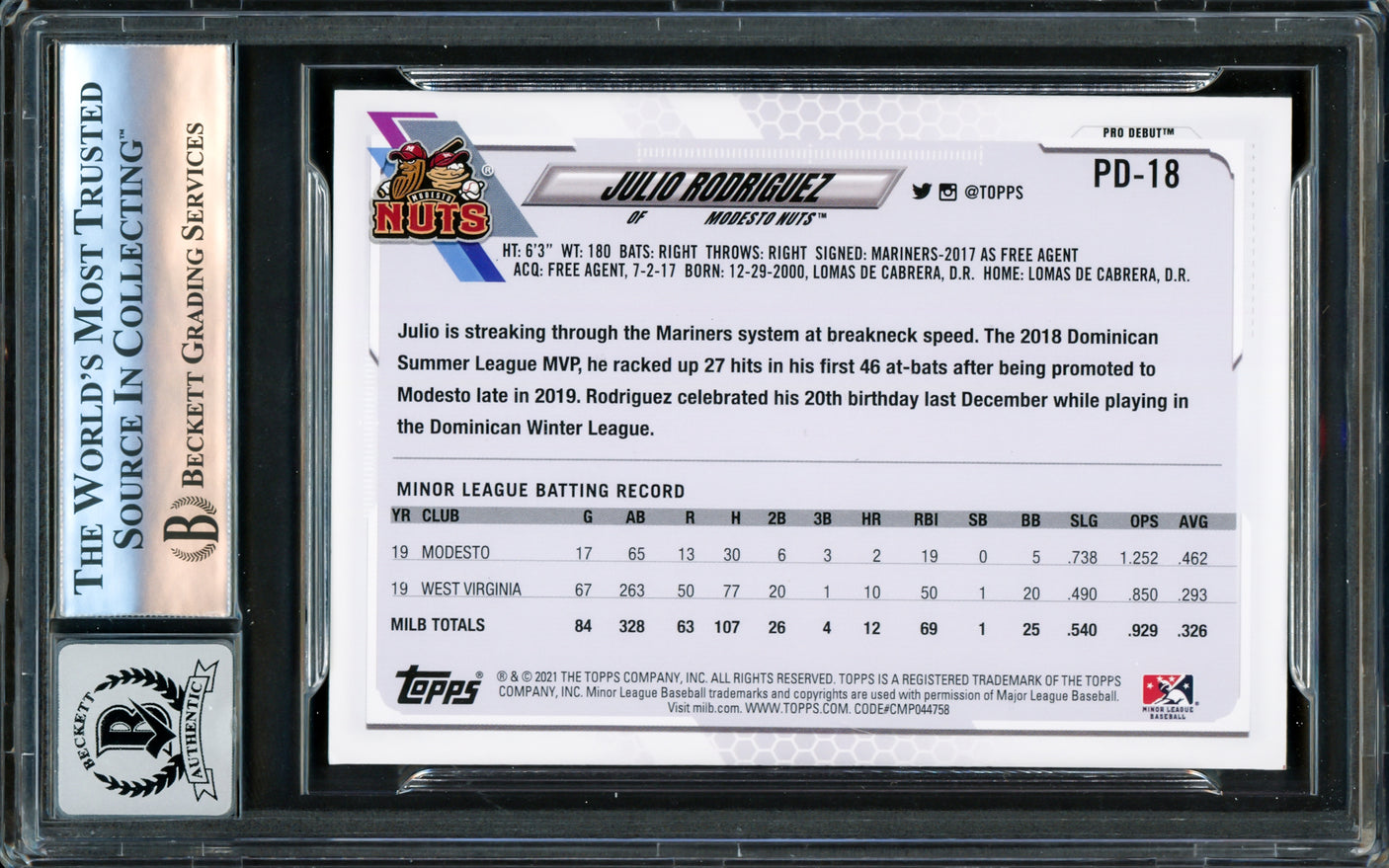 Julio Rodriguez Autographed 2021 Topps Pro Debut Rookie Card #PD18 Seattle Mariners Auto Grade Gem Mint 10 Beckett BAS #16171657