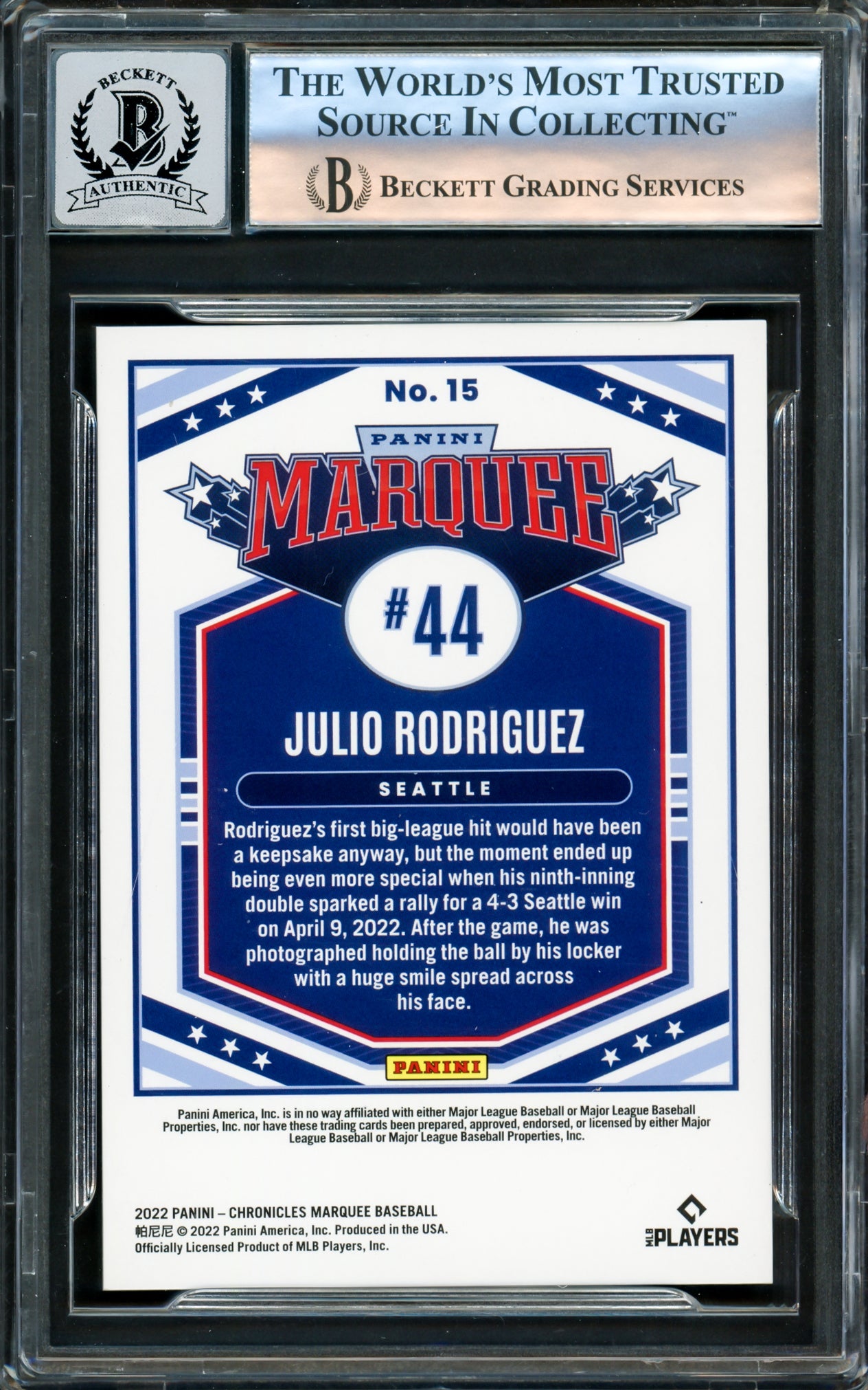 Julio Rodriguez Autographed 2022 Panini Chronicles Marquee Rookie Card #15 Seattle Mariners Auto Grade Gem Mint 10 Beckett BAS #16171835