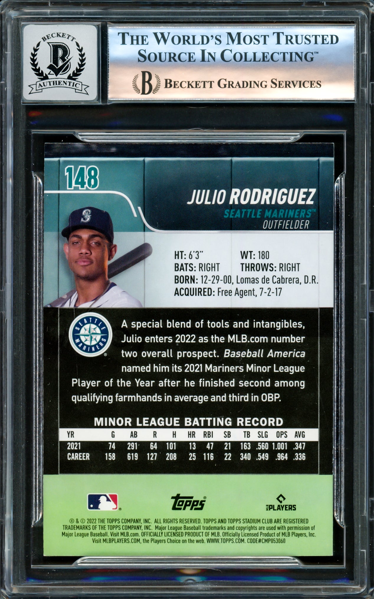 Julio Rodriguez Autographed 2022 Stadium Club Rookie Card #148 Seattle Mariners Auto Grade Gem Mint 10 Beckett BAS #16171837