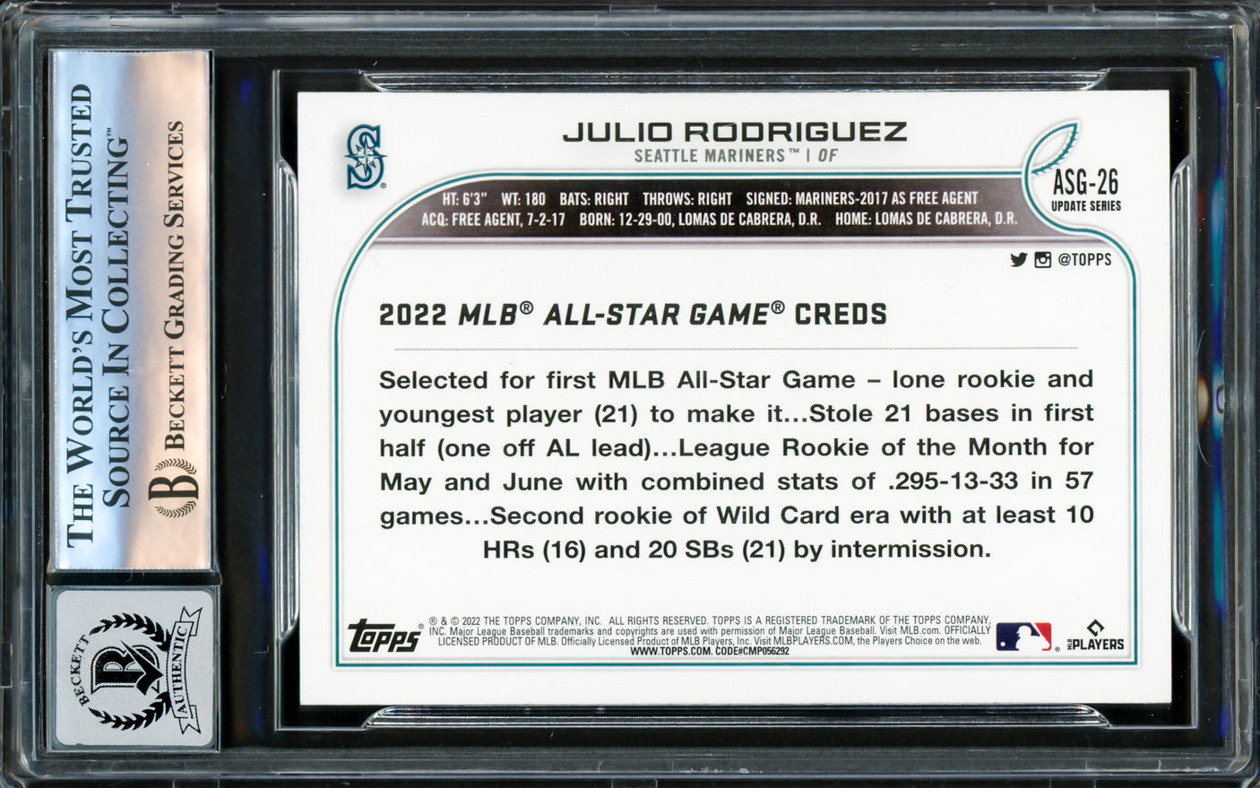 Julio Rodriguez Autographed 2022 Topps All Star Rookie Card #ASG-26 Seattle Mariners Auto Grade Gem Mint 10 Beckett BAS #16172081