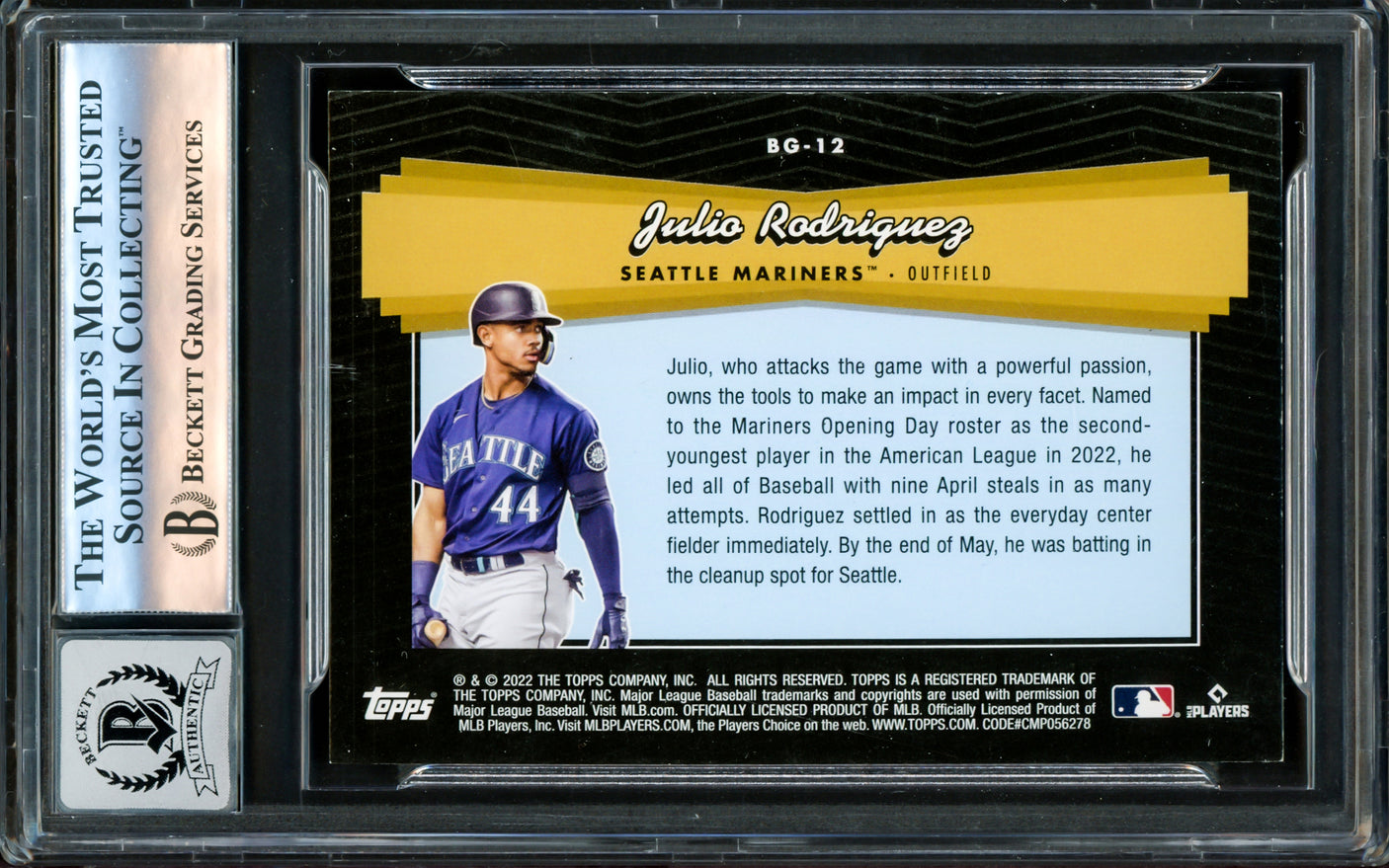 Julio Rodriguez Autographed 2022 Topps Update Black Gold Rookie Card #BG12 Seattle Mariners Auto Grade Gem Mint 10 Beckett BAS #16172176