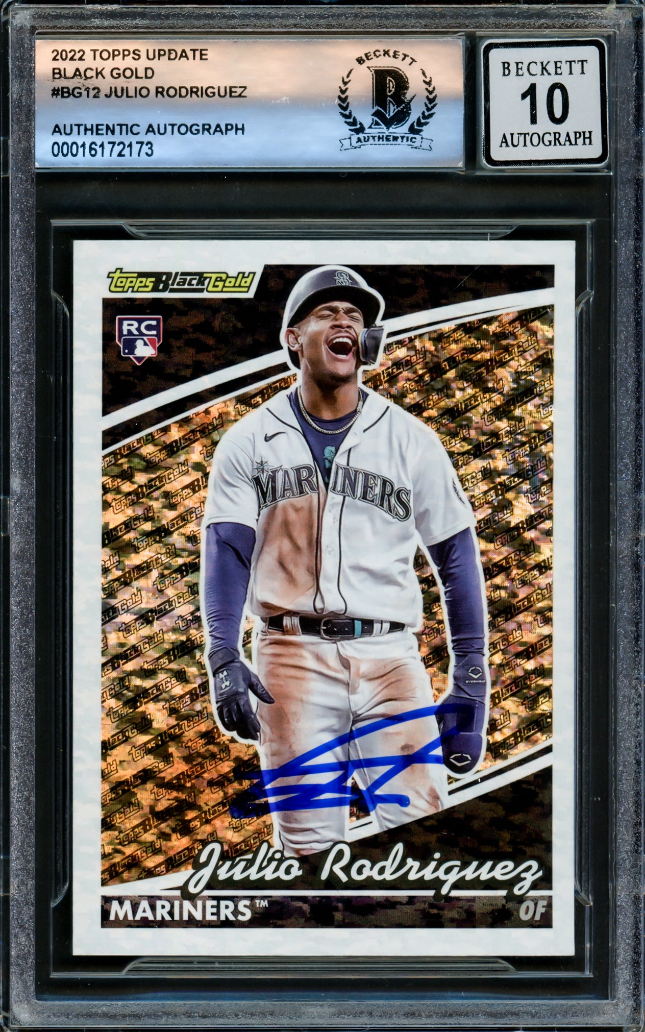 Julio Rodriguez Autographed 2022 Topps Update Black Gold Rookie Card #BG12 Seattle Mariners Auto Grade Gem Mint 10 Beckett BAS #16172173