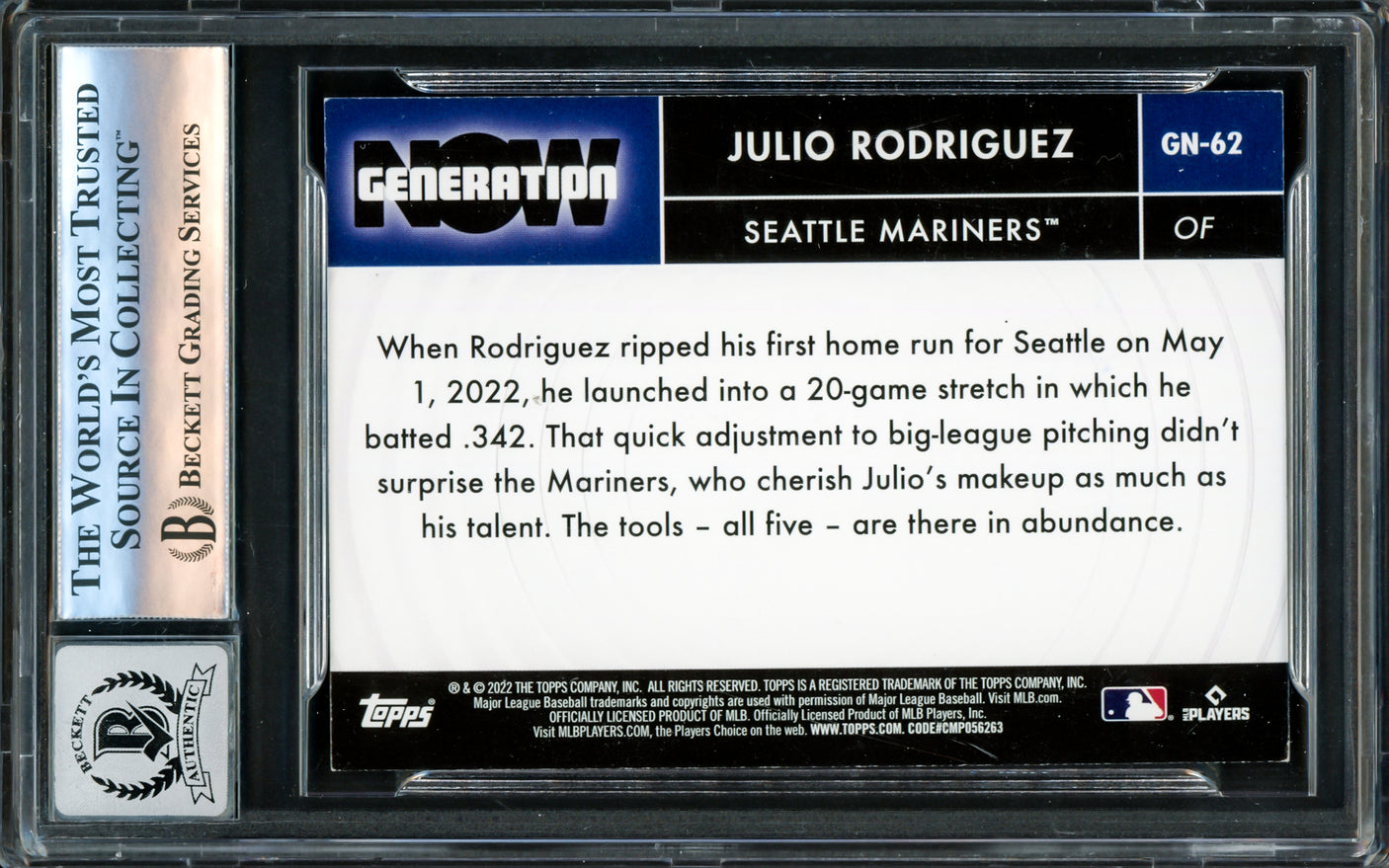 Julio Rodriguez Autographed 2022 Topps Generation Now Rookie Card #GN-62 Seattle Mariners Auto Grade Gem Mint 10 Beckett BAS #16172177