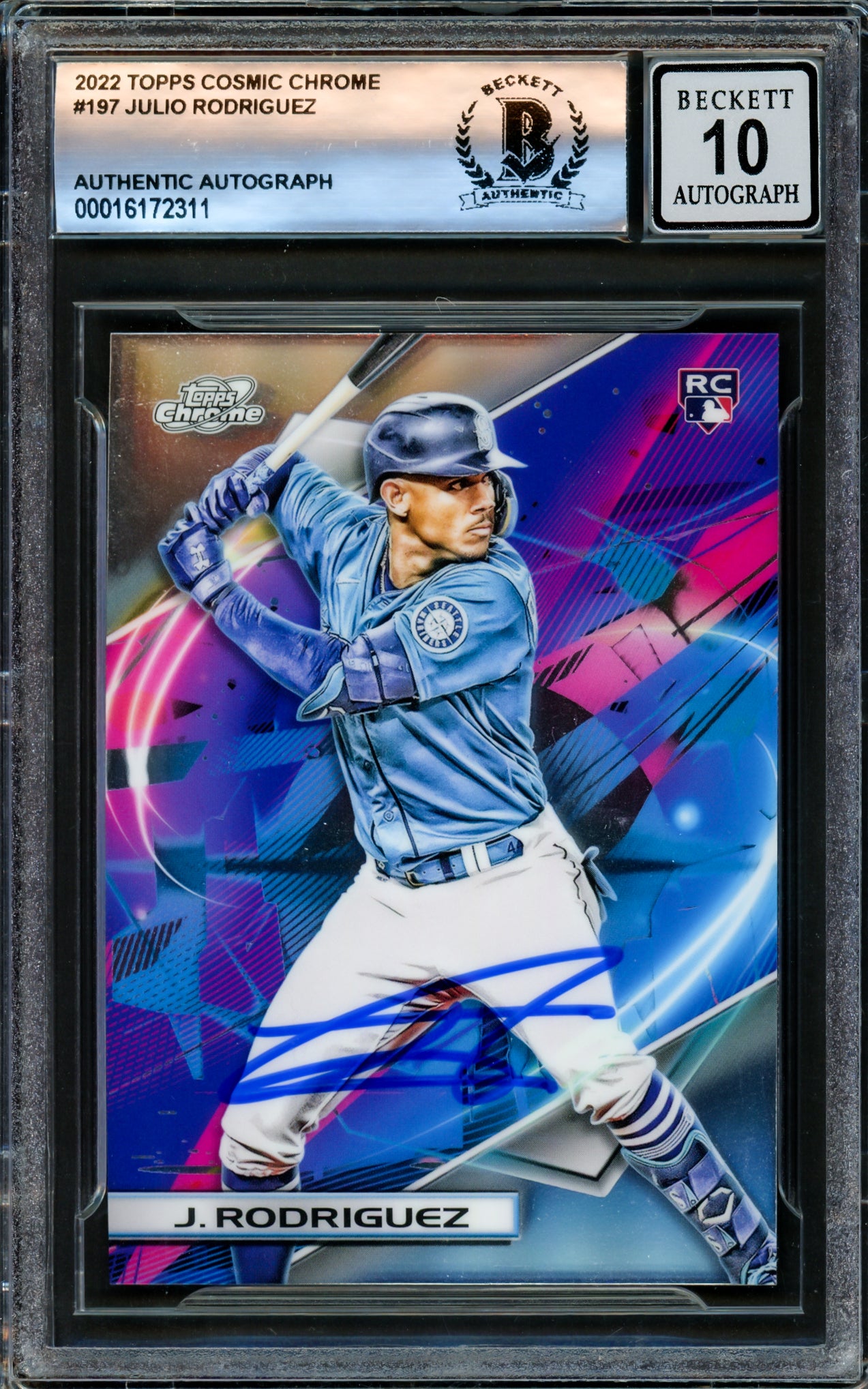 Julio Rodriguez Autographed 2022 Topps Cosmic Chrome Rookie Card #197 Seattle Mariners Auto Grade Gem Mint 10 Beckett BAS #16172311