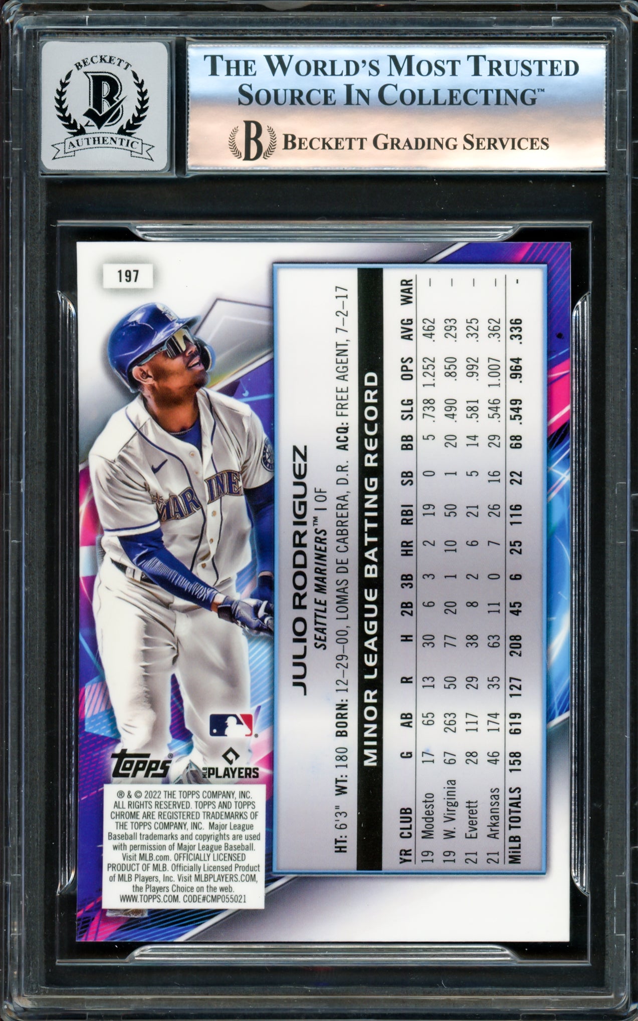 Julio Rodriguez Autographed 2022 Topps Cosmic Chrome Rookie Card #197 Seattle Mariners Auto Grade Gem Mint 10 Beckett BAS #16172311