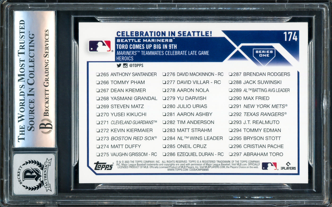 Julio Rodriguez Autographed 2023 Topps Card #174 Seattle Mariners Auto Grade Gem Mint 10 Beckett BAS #16172577
