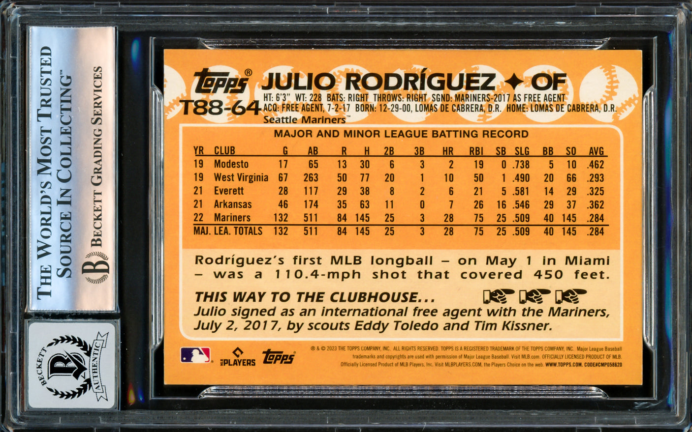 Julio Rodriguez Autographed 2023 Topps 35th Anniversary Card #T88-64 Seattle Mariners Auto Grade Gem Mint 10 Beckett BAS #16172594