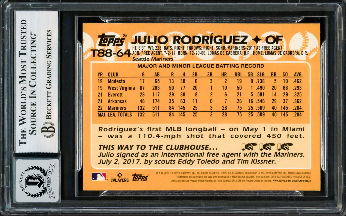 Julio Rodriguez Autographed 2023 Topps 35th Anniversary Card #T88-64 Seattle Mariners Auto Grade Gem Mint 10 Beckett BAS #16172593