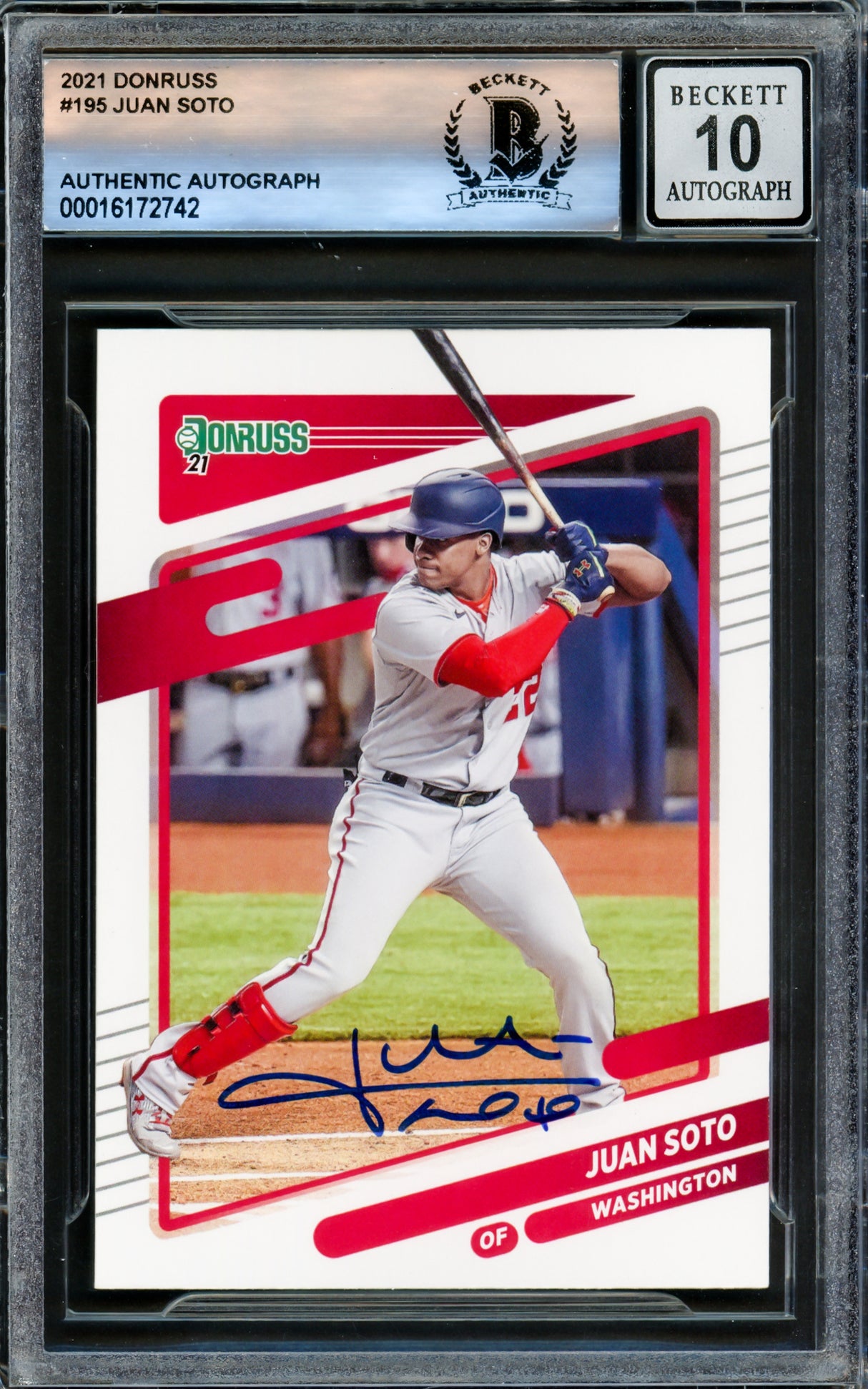 Juan Soto Autographed 2021 Donruss Card #195 New York Mets Auto Grade Gem Mint 10 Beckett BAS #16172742